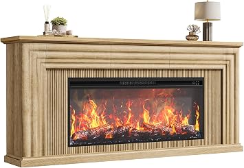PRAISUN 70 Fireplace TV Stand with 42 Electric Fireplace, Farmhouse TV Stand for 65 75 Inch TV, Entertainment Center TV Console with 3 Drawers, Fluted Design, for Living Room, Natural