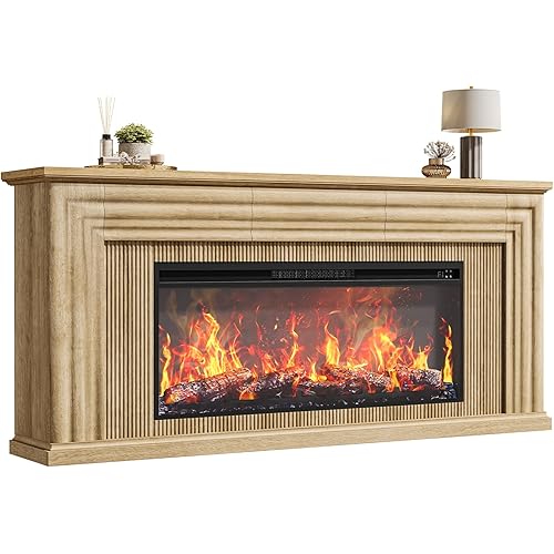 PRAISUN 70'' Fireplace TV Stand with 42'' Electric Fireplace, Farmhouse TV Stand for 65 75 Inch TV, Entertainment Center TV Console with 3 Drawers, Fluted Design, for Living Room, Natural