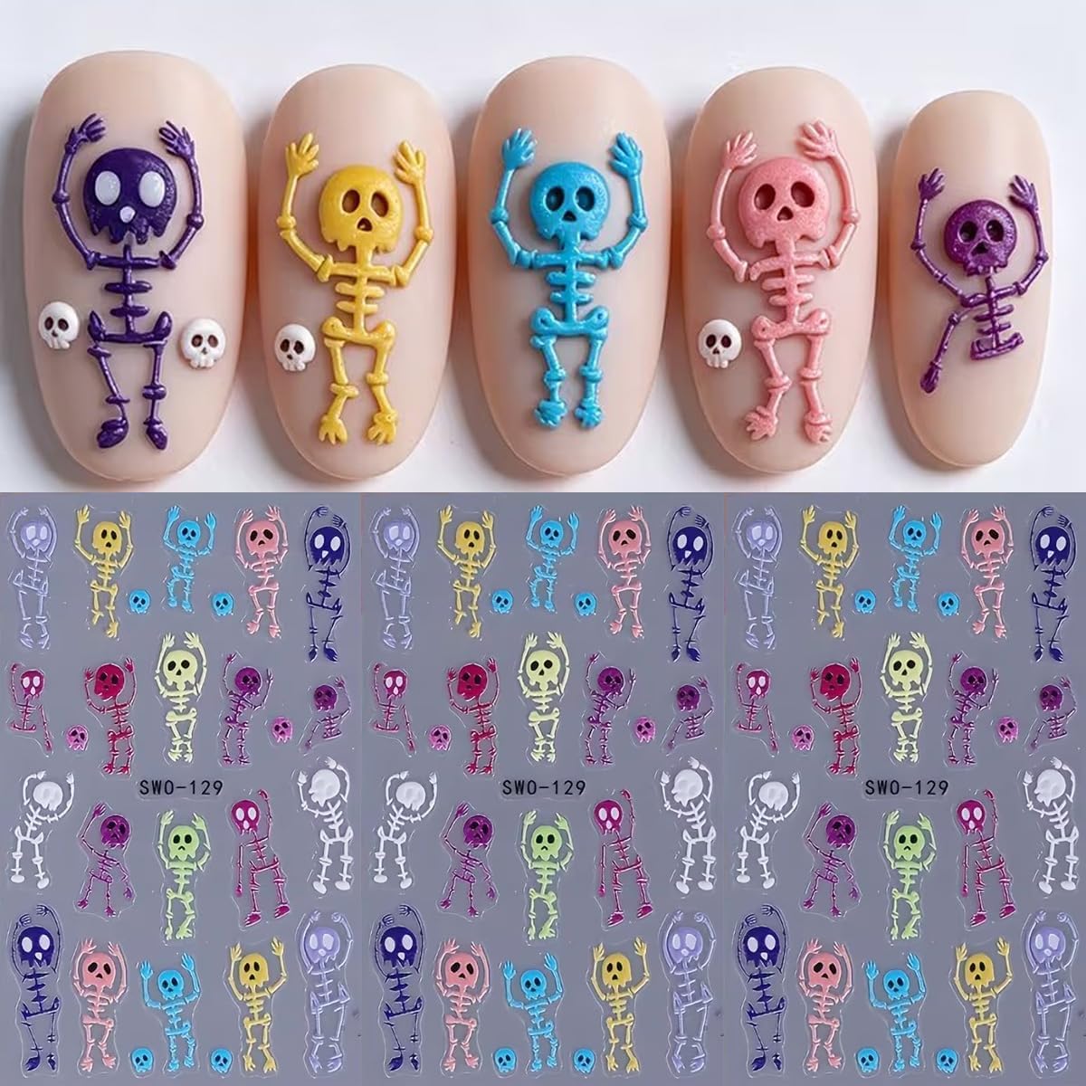 5D Embossed Colorful Skeleton Nail Stickers 3PCS Halloween Dancing Skull Nail Art Stickers Self-Adhesive Fun Halloween Gothic Nail Art Decorations Supplies for Women