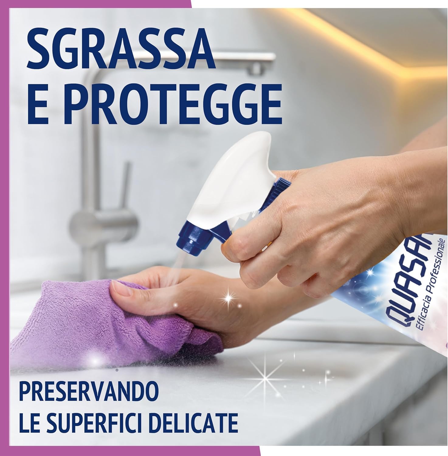 Quasar Cucina - Limpiador para superficies sensibles, placas de inducción, laminados, mármol, cuarzo, desengrasado, efecto protector, sin rayas, incluye llavero Italy Shop Service gratuito