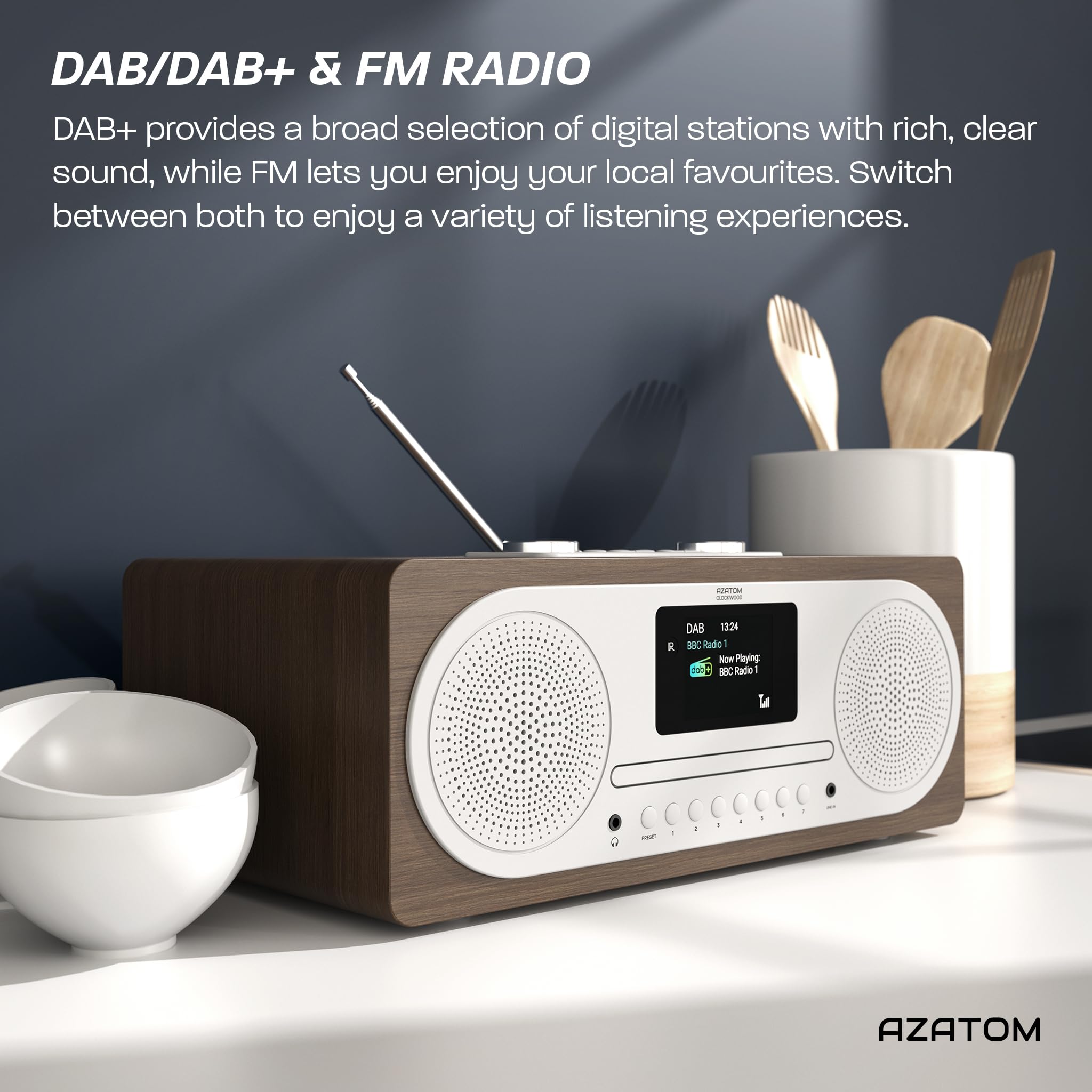 DAB/DAB+ & FM Digital Radio with CD Player | Bluetooth & USB MP3 Player | Premium Sound | Remote Control | Mains Powered | Perfect for the Home or Office | AZATOM Clockwood (Walnut)