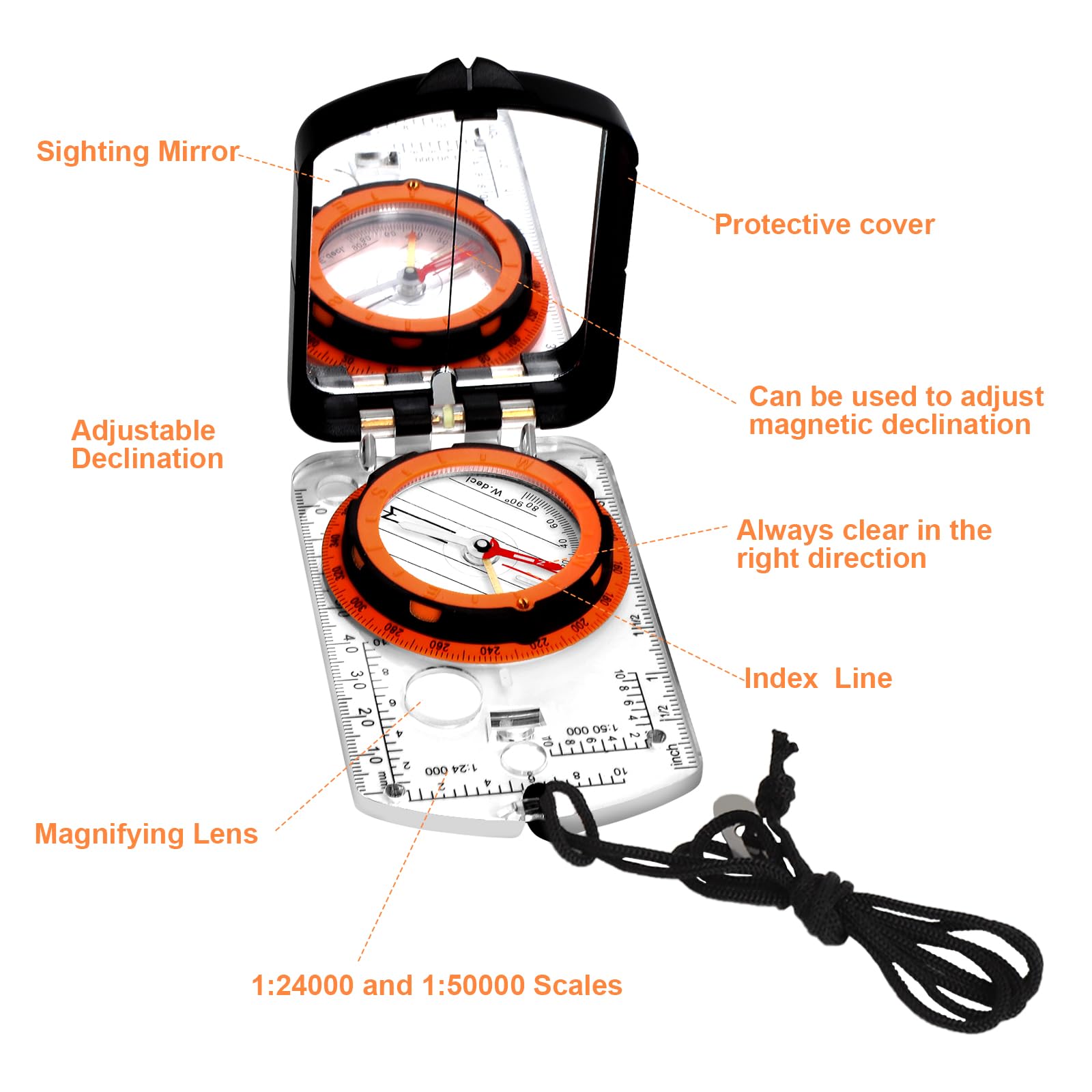 Boussole Professionnelle d'extérieur pour Enfants avec Miroir de Vision, échelle : 1:50k, 1:24k (mm), Conception étanche, Boussole graduée pour Camping, randonnée, Navigation