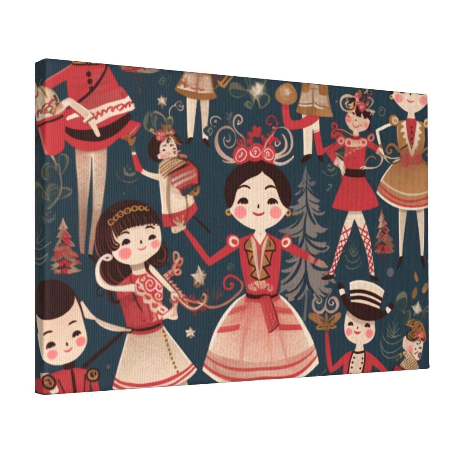 YKLJG Women's Nutcracker Ballet Xmas Dance cartoon Printed Wall Art Canvas Prints 45x30 CM Wooden Framed Picture Painting Artwork for Bedroom Kitchen Home Office Decor