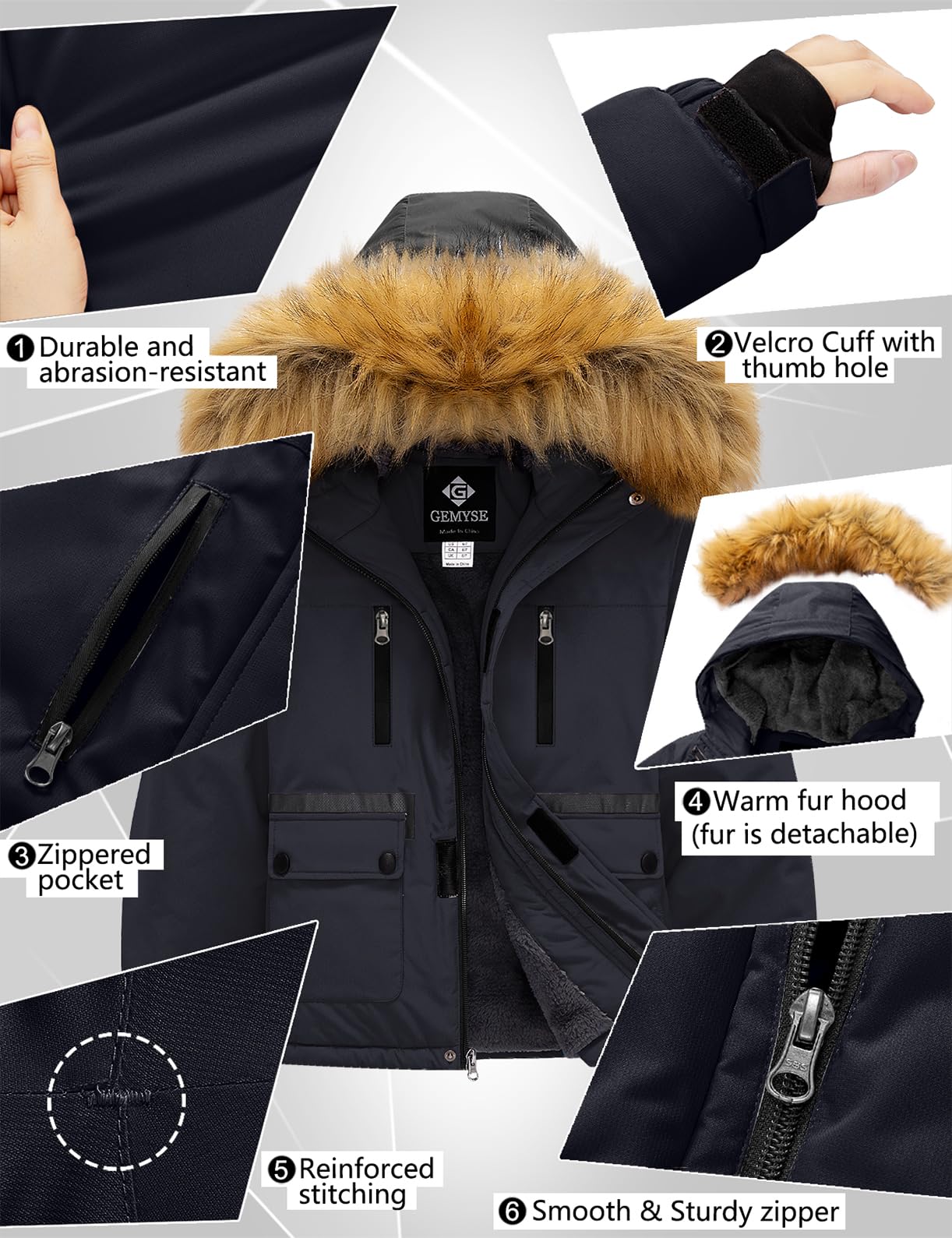 GEMYSE Chaqueta de Esquí para Niño con Capucha de Piel Desmontable Abrigo Impermeablede de Nieve Invierno Cazadora Antiviento