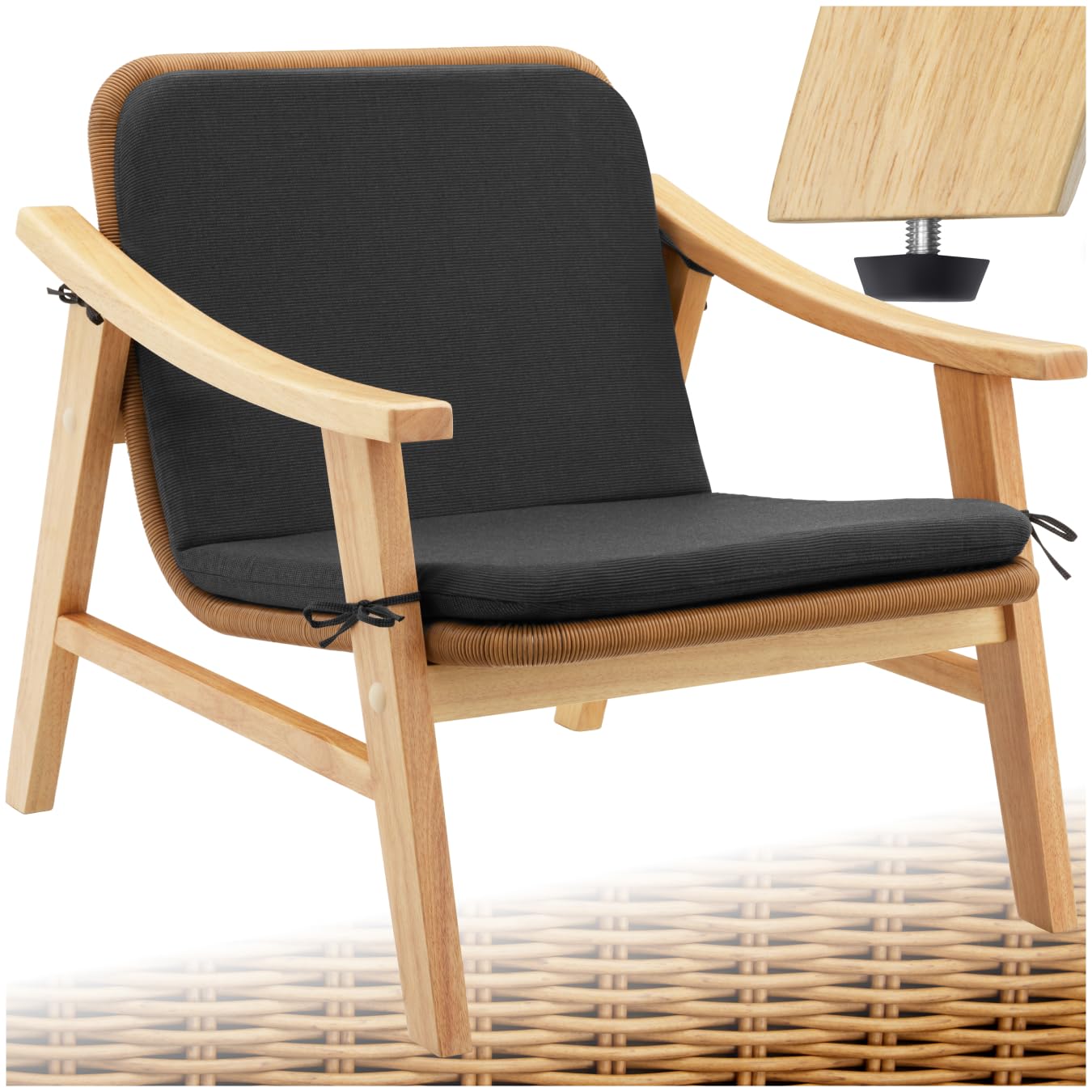 TecTake® Silla de Jardín con Cojín, Estructura de Madera Lacada, Polirratán, Funda Extraíble y Lavable, Silla Exterior Terraza, Sillones Jardin Exterior, Sofa Exterior - Natural