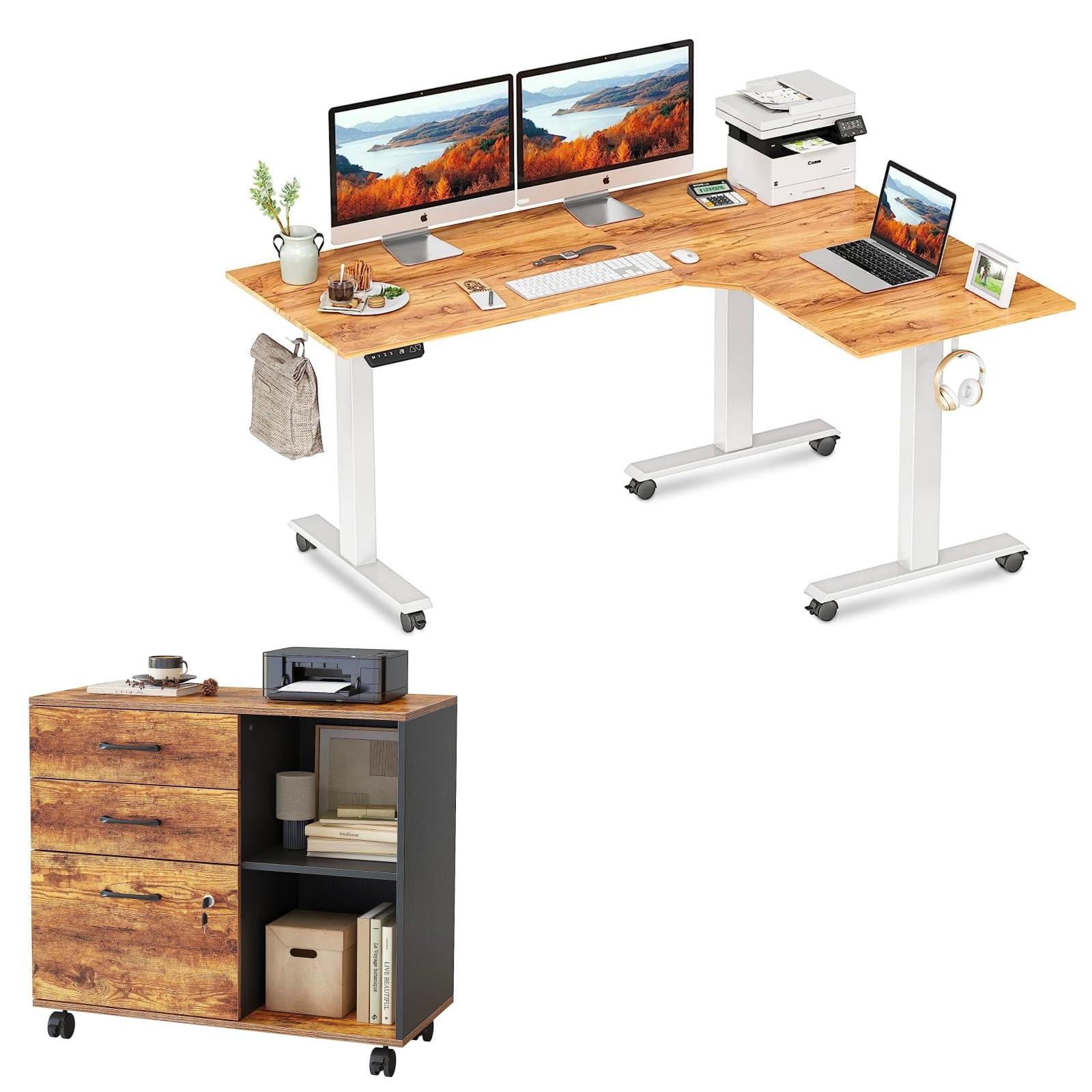 FEZIBO 63 Inch L Shaped Standing Desk & Mobile File Cabinet