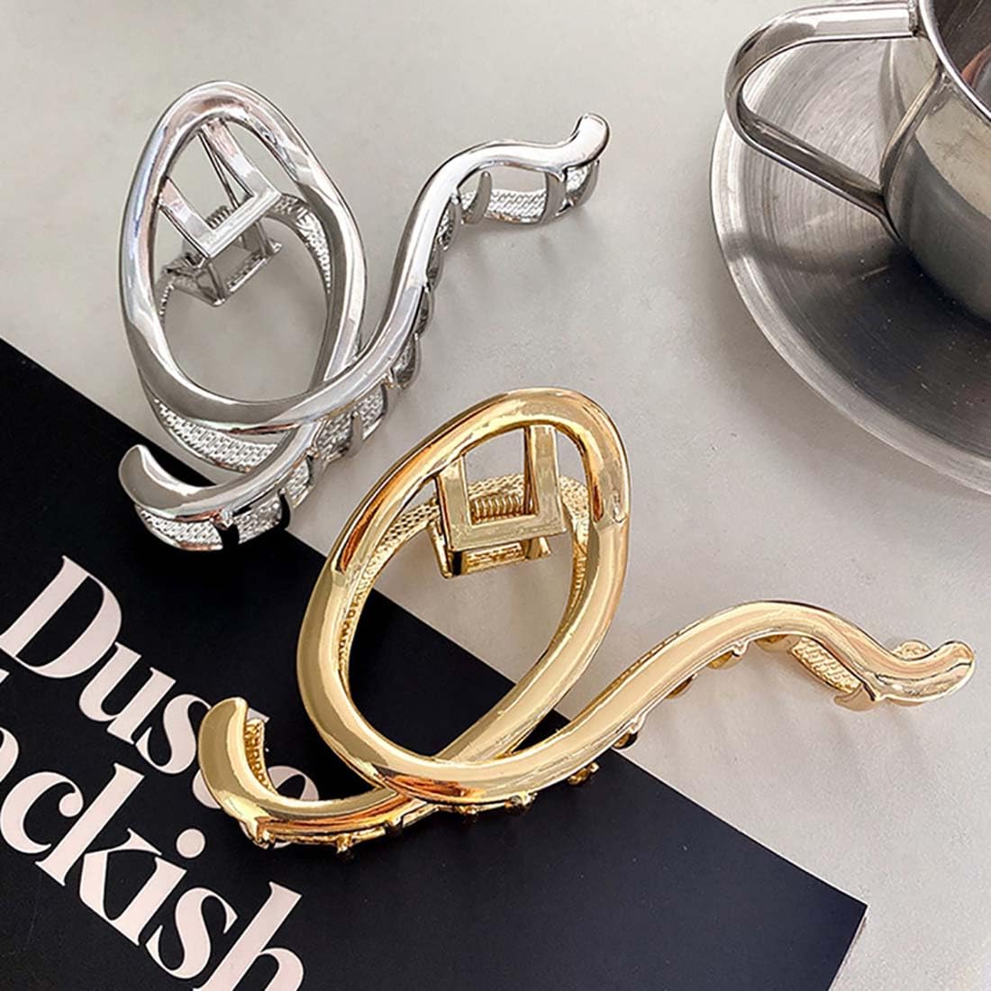 Cubahop 2PCS Metal Hair Claw Clips Barrettes Musical Note Pearl Irregular Large Shark Clamp Gold Silver Wave Non-Slip Hair Styling Accessories for Women (Color B - Image 3