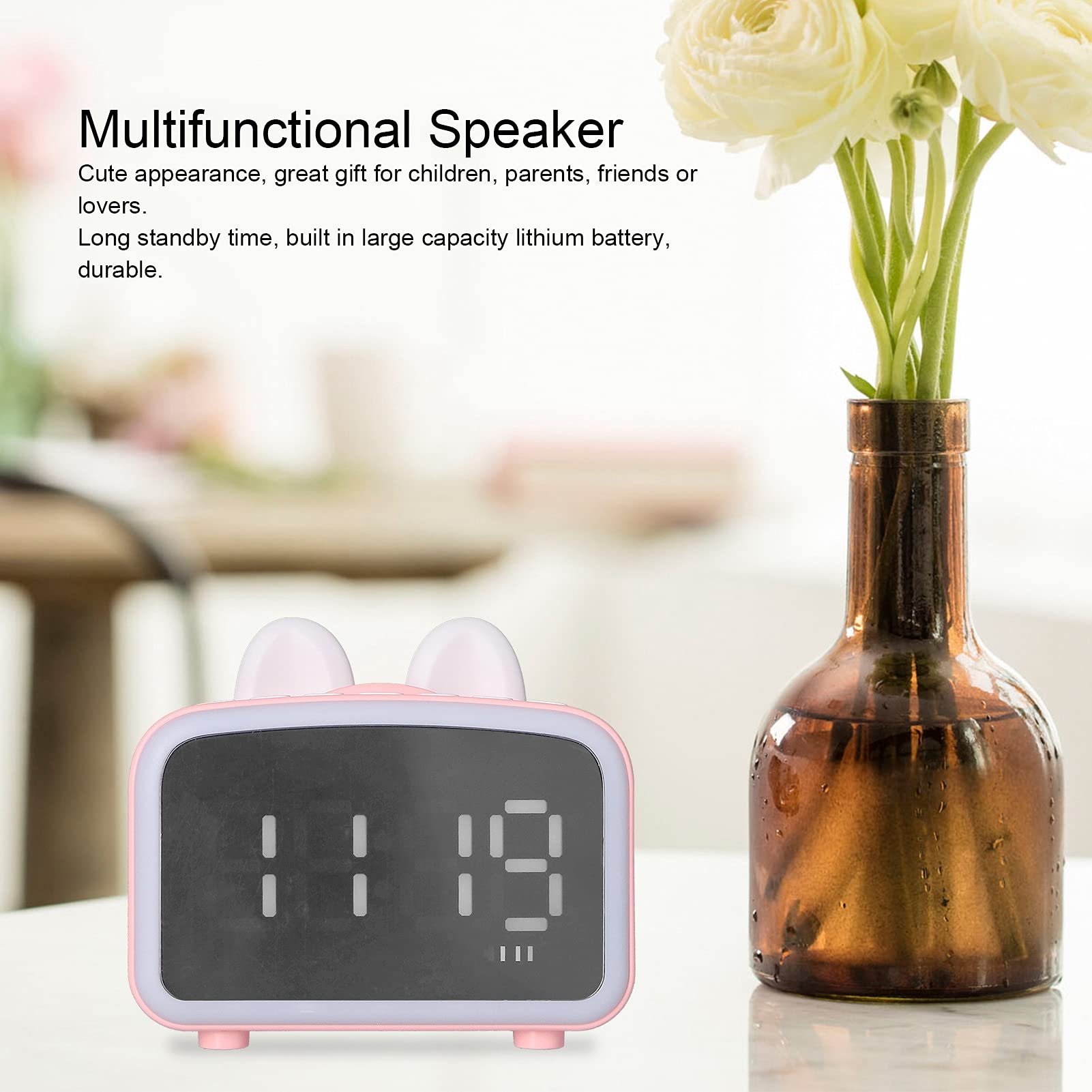 Elprico Radio Reloj Despertador, Mini Reloj Bluetooth de Dibujos Animados Junto a la Cama con Batería de 1400 MAh, Altavoz Digital Bluetooth Multifuncional para la Oficina del Dormitorio(Rosa)