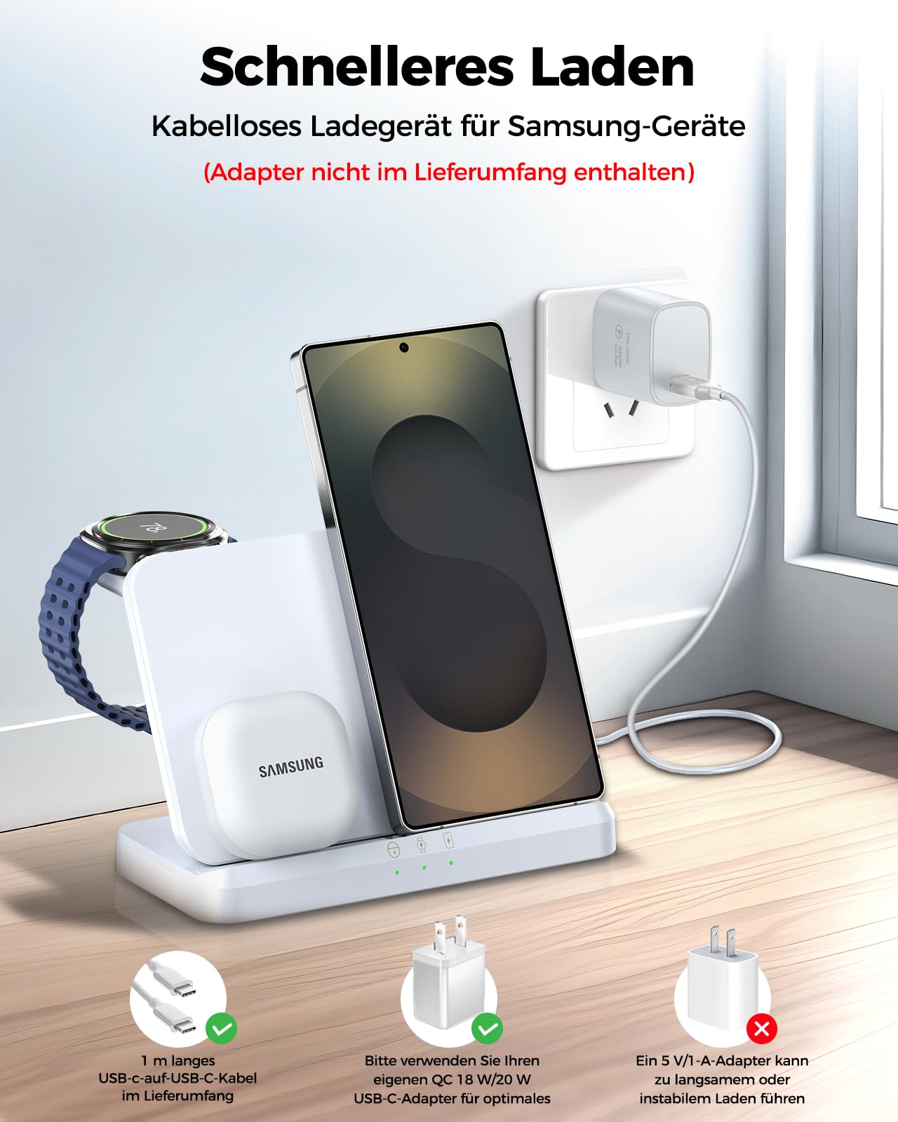 EGV Indukcyjna stacja ładująca do Samsung – bezprzewodowa ładowarka 3 w 1, kompatybilna z Galaxy S26 Ultra/S25/S24, Z Fold/Flip 7/6, Buds, zdejmowana ładowarka do Galaxy Watch Ultra/8/7, bez adaptera