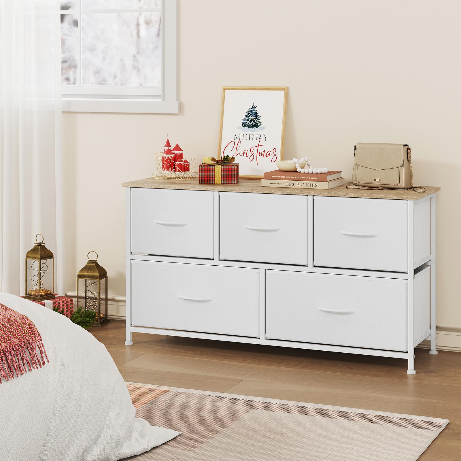 WOLTU Cassettiera Camera da Letto, Cassettiera con 5 Cassetti a 2 Livelli in Tessuto, Mobile con Cassetti Industriale, Struttura in Metallo e Legno, Bianco, 100x30x54cm, SSK005ws