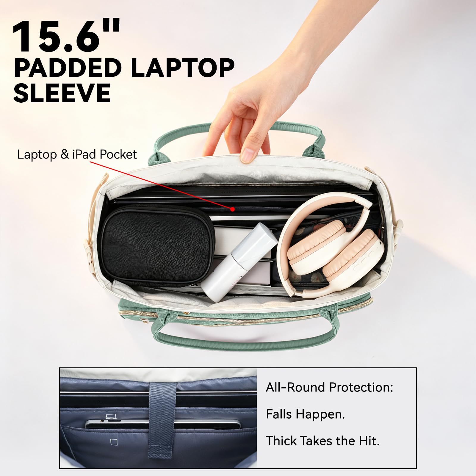 VANKEAN Borsa per laptop da donna, 15,6 pollici, borsa da lavoro impermeabile, borsa a tracolla per computer, borsa grande per lavoro, viaggi d'affari, beige/verde chiaro