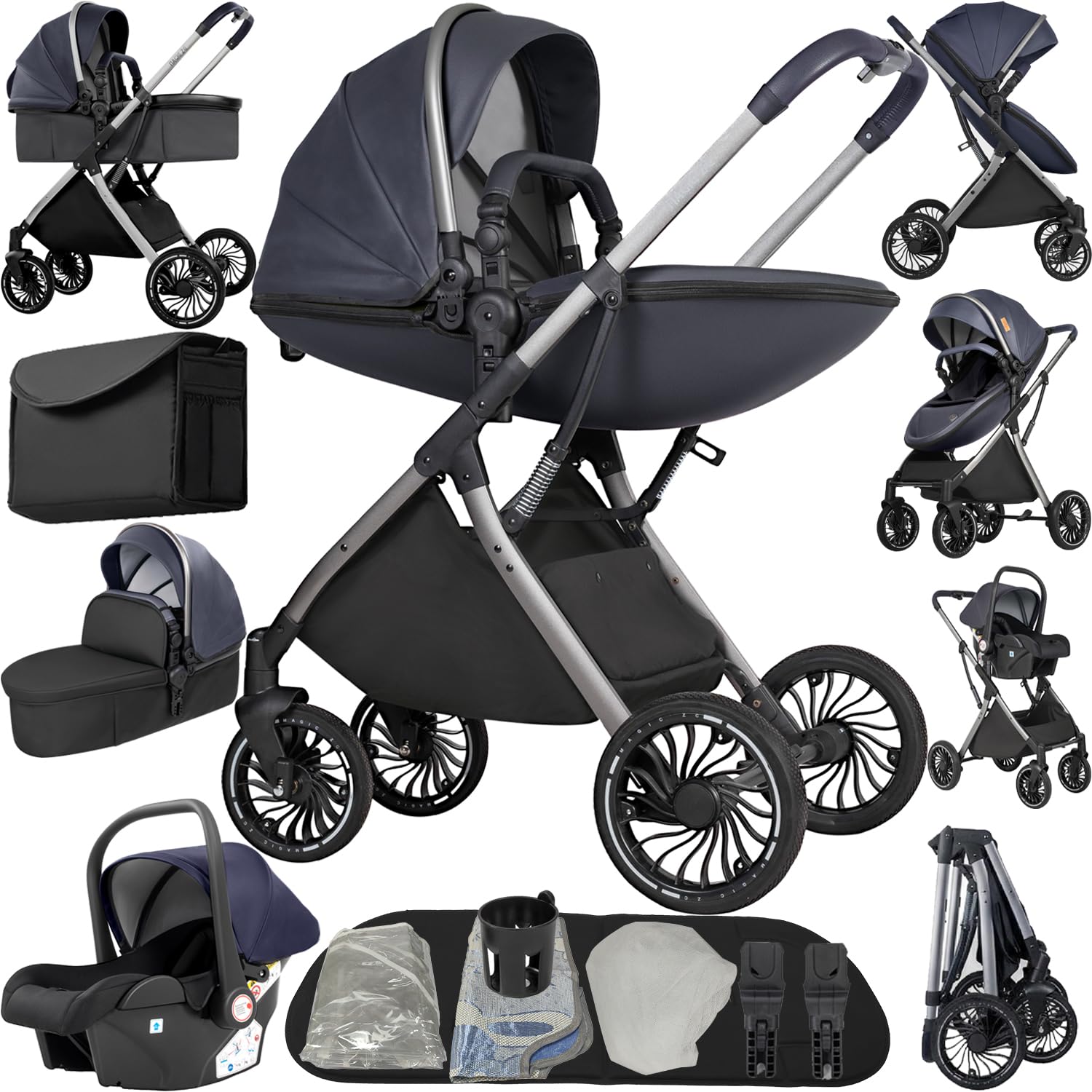 Magic ZC 4 in 1 Pushchair Pram Baby Stroller, Travel System 4 in 1 with Reversible Two Pushing Modes, Newborn Carriage Aluminium Frame, Toddler Infant Buggy with One-Click Folding (688 Blue) — image 1