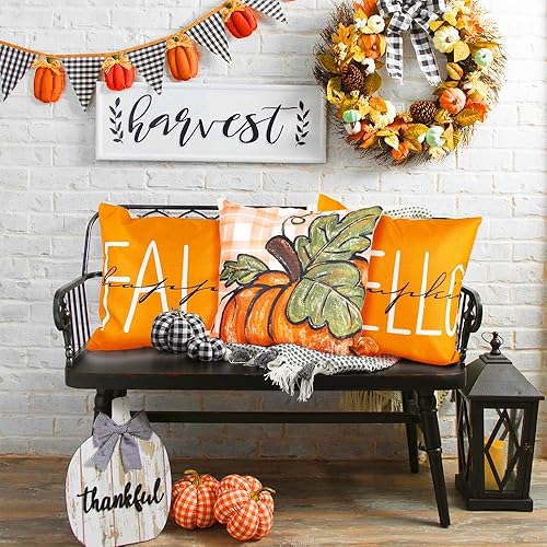 Miniatura 7 de YUJUN 4 fundas de almohada de otoño, 20 x 20 pulgadas, diseño de búfalo, calabaza, hojas de arce, Acción de Gracias, otoño, decoración de sofá para