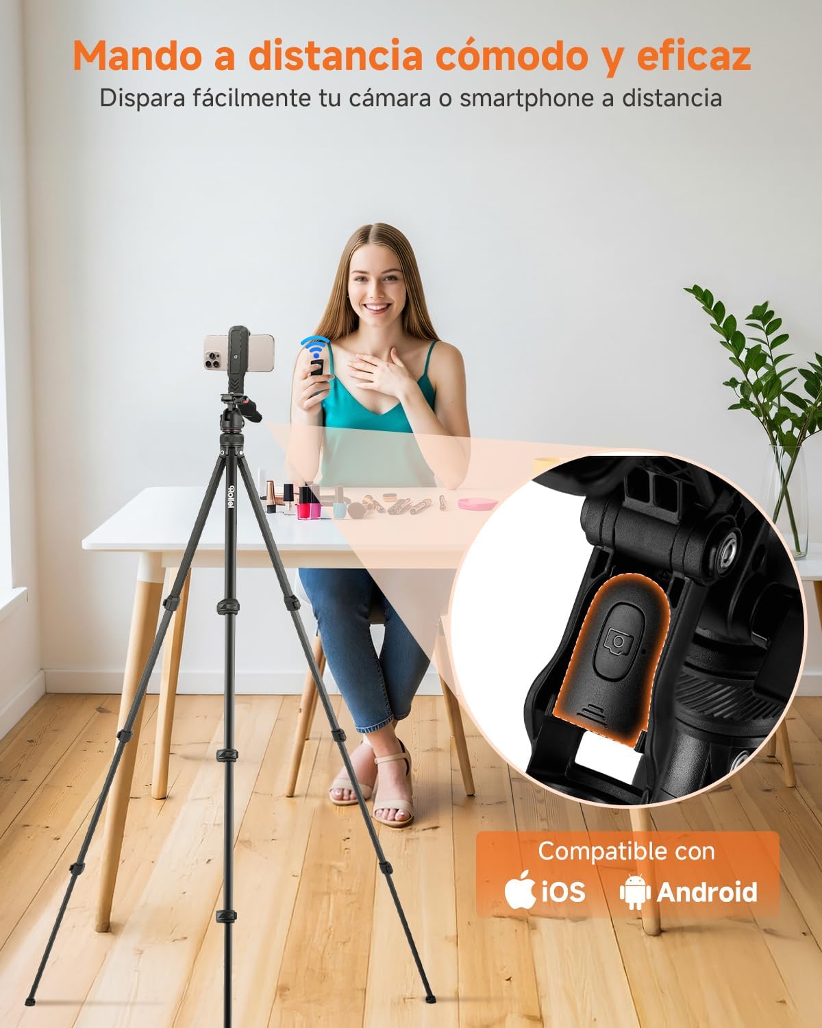 Woman using a Bluetooth remote control with a smartphone mounted on the tripod