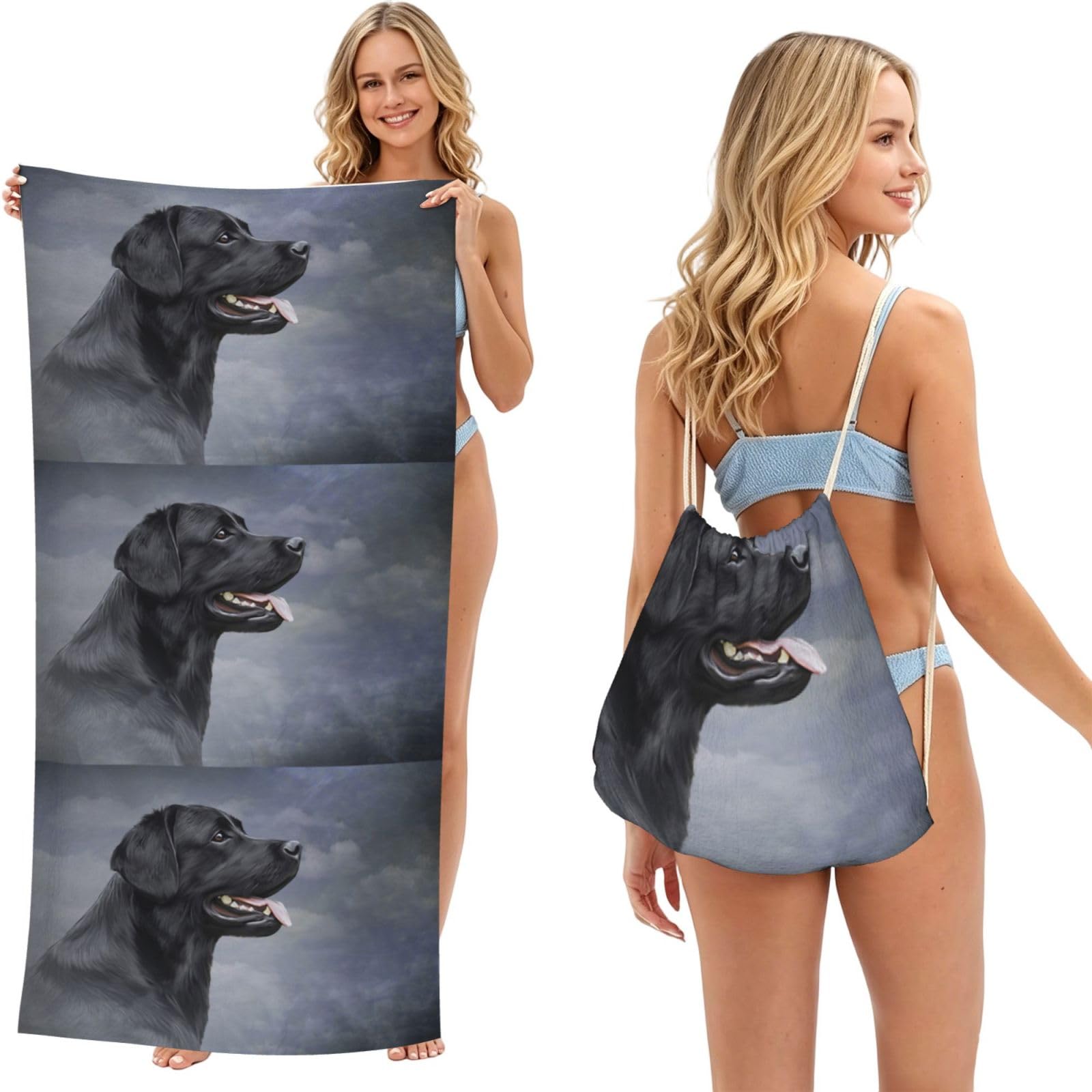 Poadnly Drawing Dog Labrador, 2 in 1 Packable Towel Bag, Beach Towels with Drawstring Backpack for Travel Holiday Camping