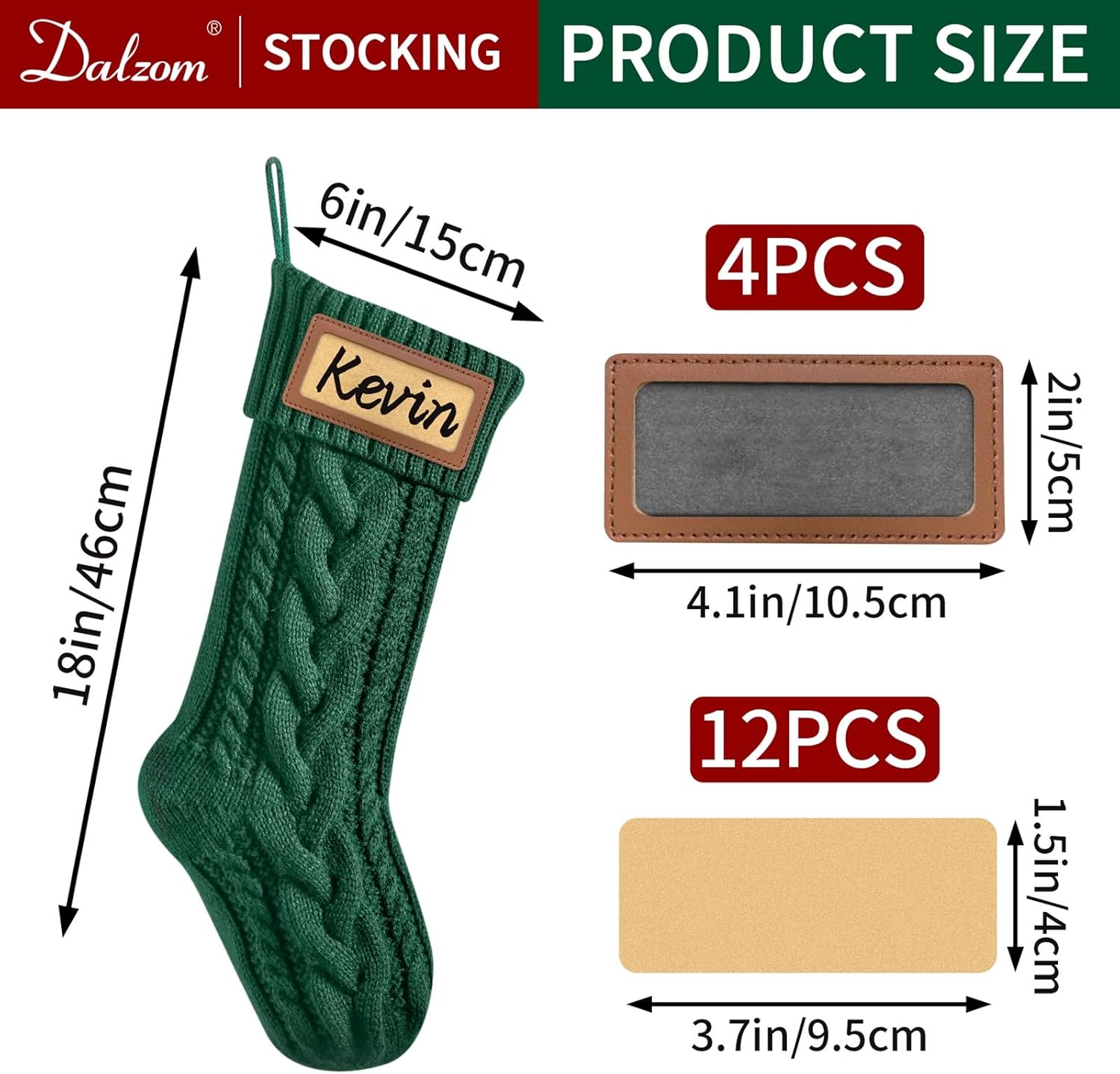 Dalzom® 4Pcs Personalized Christmas Stockings with Leather Patches Custom Name, 18” Premium Large Knitted Christmas Stockings for Kids, Family, Holiday and Fireplace Party Decoration - Image 2