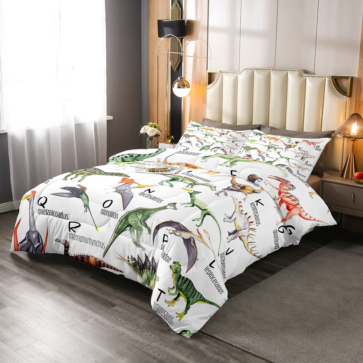 Juego de edredón de dinosaurio para niños, adolescentes, animales de la selva verde, dinosaurios, juego de ropa de cama transpirable estilo vida silvestre, edredón acolchado tamaño doble