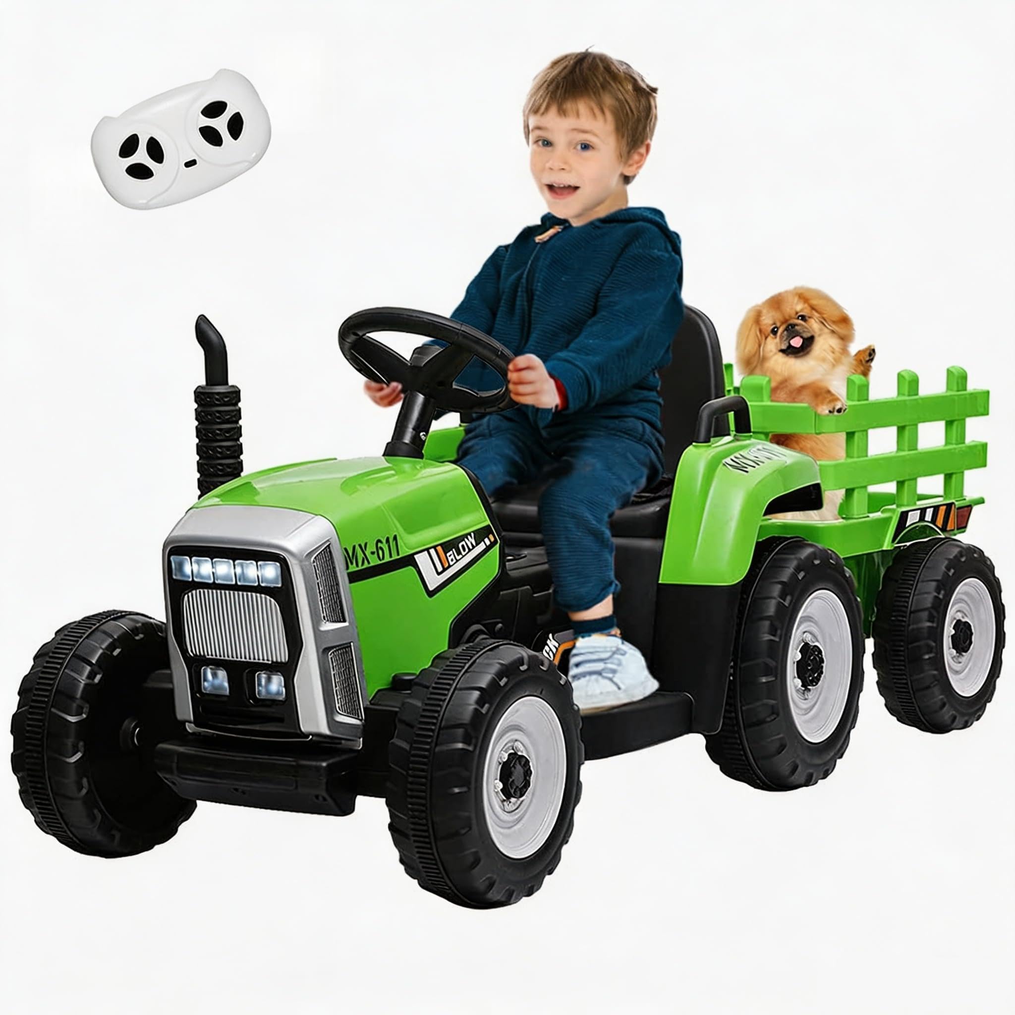 Garvee Trattore Elettrico Per Bambini, Rimorchio Rimovibile, 6 Ruote, Verde | 12V, 2.4G telecomando, Clacson, Musica Integrata, Radio, 3 Velocità, Doppio Motore, Connessione Wireless, Porta USB