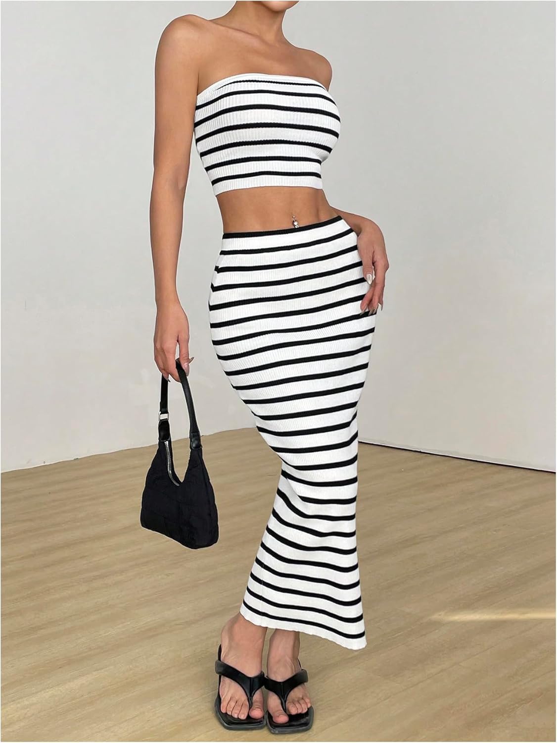 Milumia Women's 2 Piece Outfits Striped Strapless Knit Crop Bandeau Top Maxi Skirt Sets - Image 5