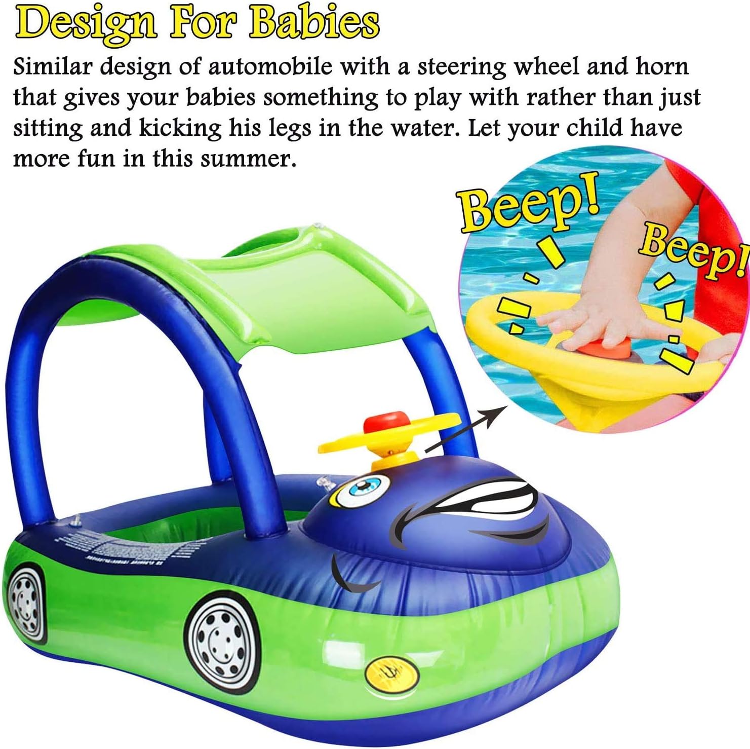 iGeeKid Baby Inflatable Pool Float with Canopy, Car Shaped Swim Float Boat with Sunshade for Toddler Infant Boys Girls Pool Floaties Cute Boat Summer Beach Outdoor Play