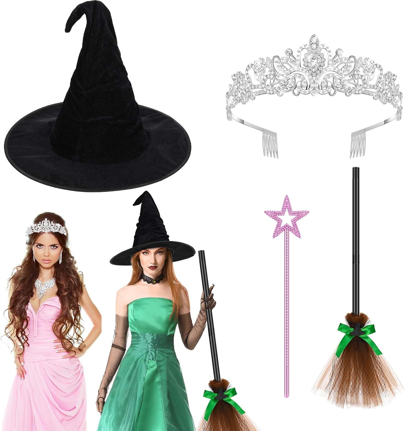 4Pcs Witch Princess Costume Accessories Include Princess Crown Wand and Witch Hat Broom for Movie Halloween Wizard Outfits Props