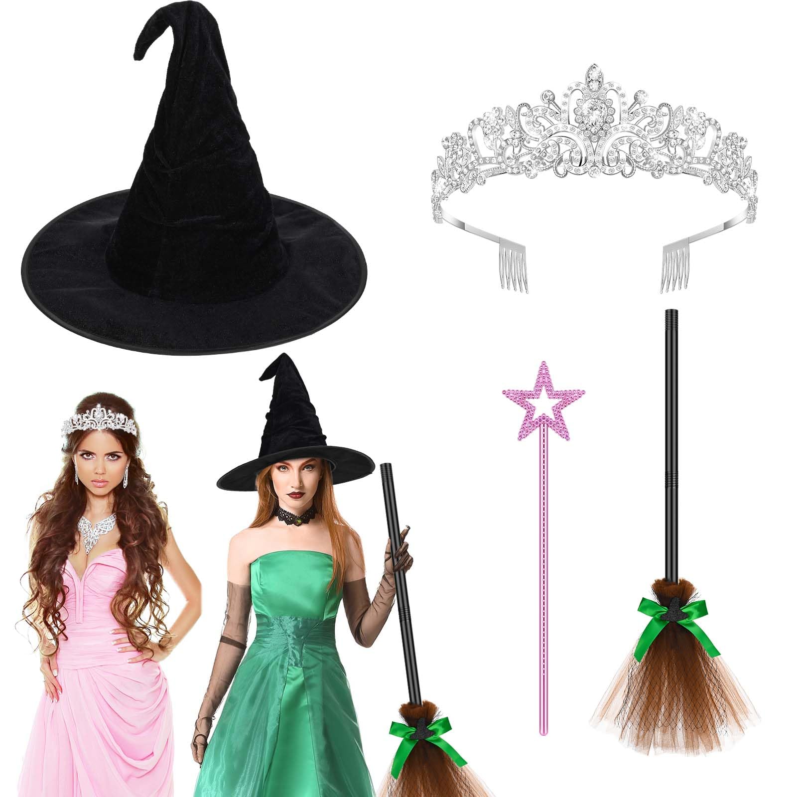 Bofeiya 4Pcs Witch Princess Costume Accessories Include Princess Wand Crown and Witch Hat Broom for Movie Halloween Wizard Outfits Props Multi