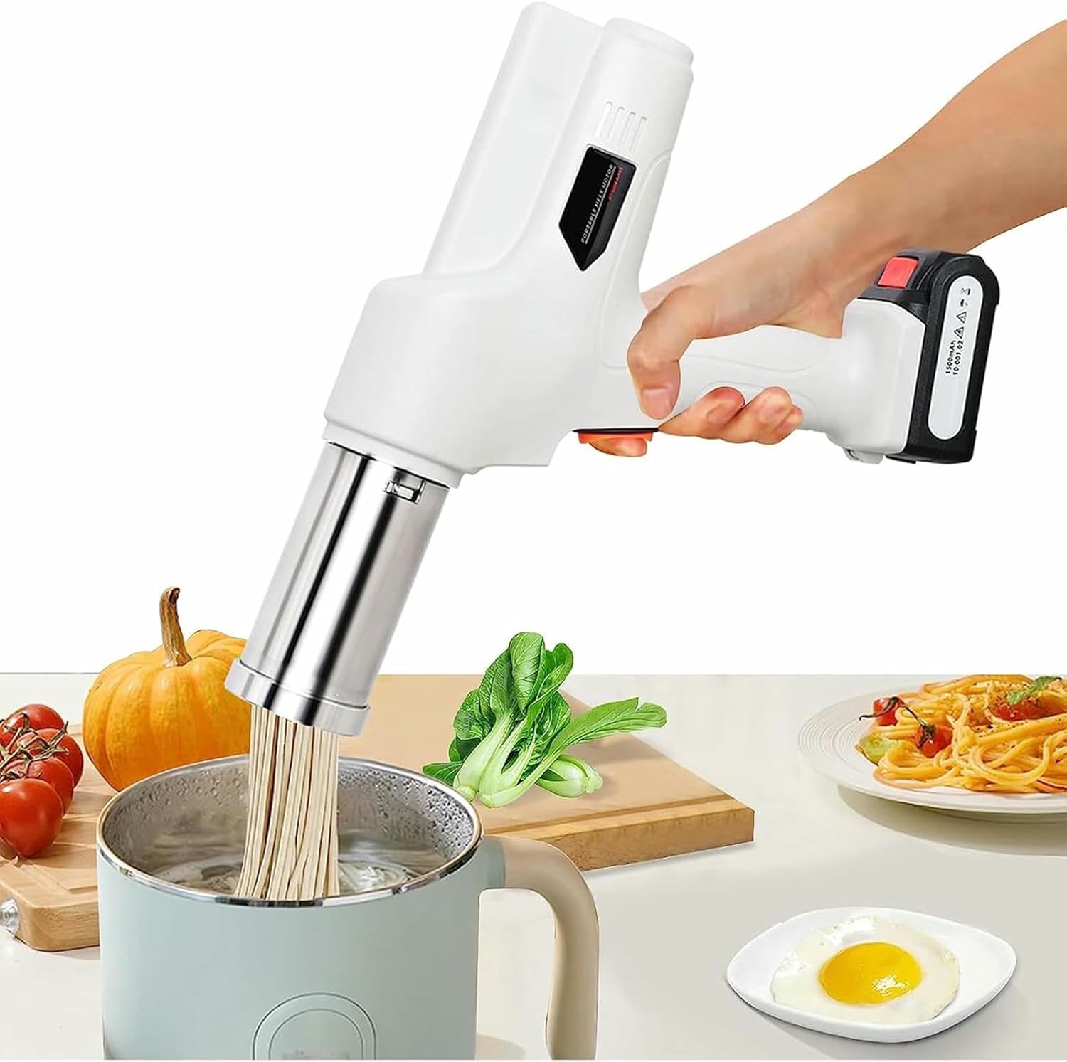 Electric Handheld Pasta Maker, Portable Electric Pasta Maker Machine with 4 Pasta Molds, Detachable Design for Make Noodles And Enemas,White (White)