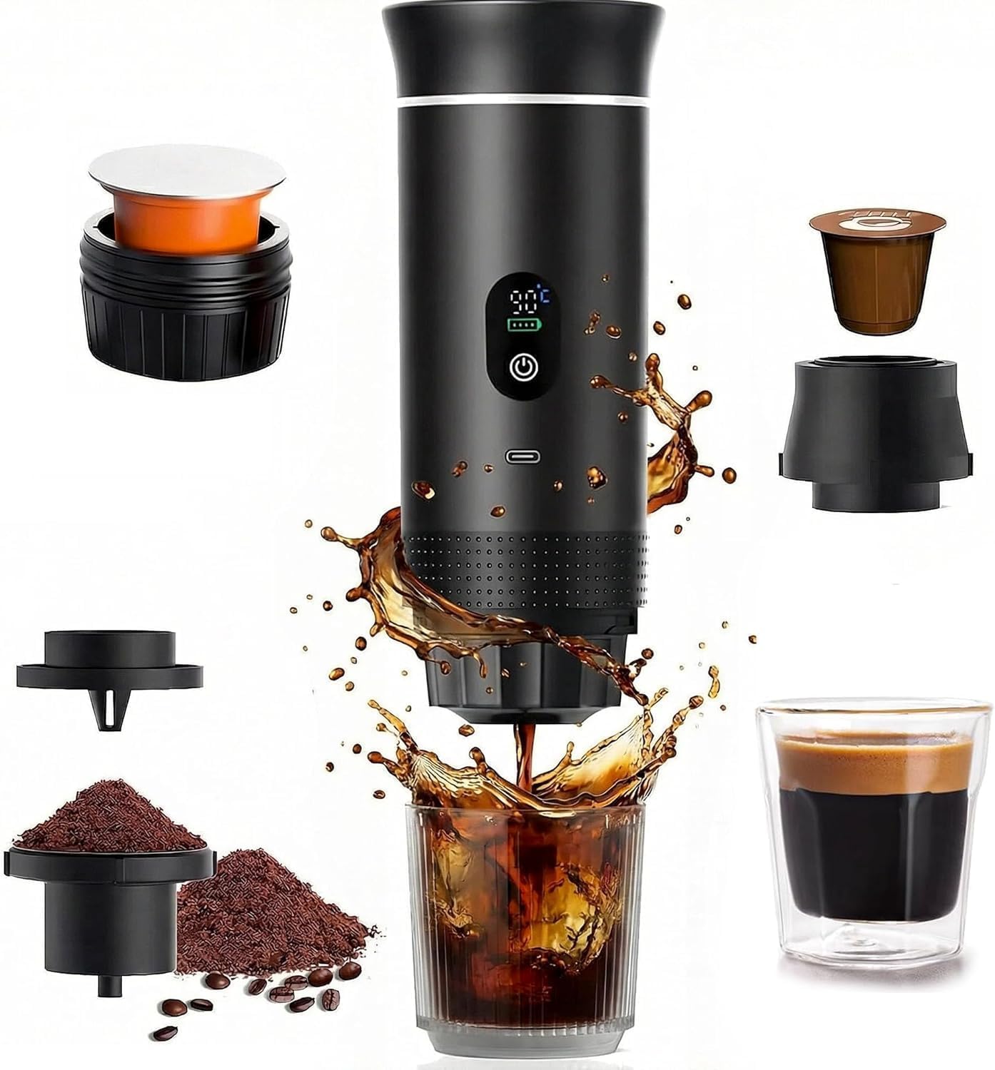 Machine à café électrique portable,Cafetière portable 3-en-1 avec auto-chauffage,Port de chargeur USB-C,Cafetière avec café moulu et capsule NS pour RV, camping, randonnée, bureau