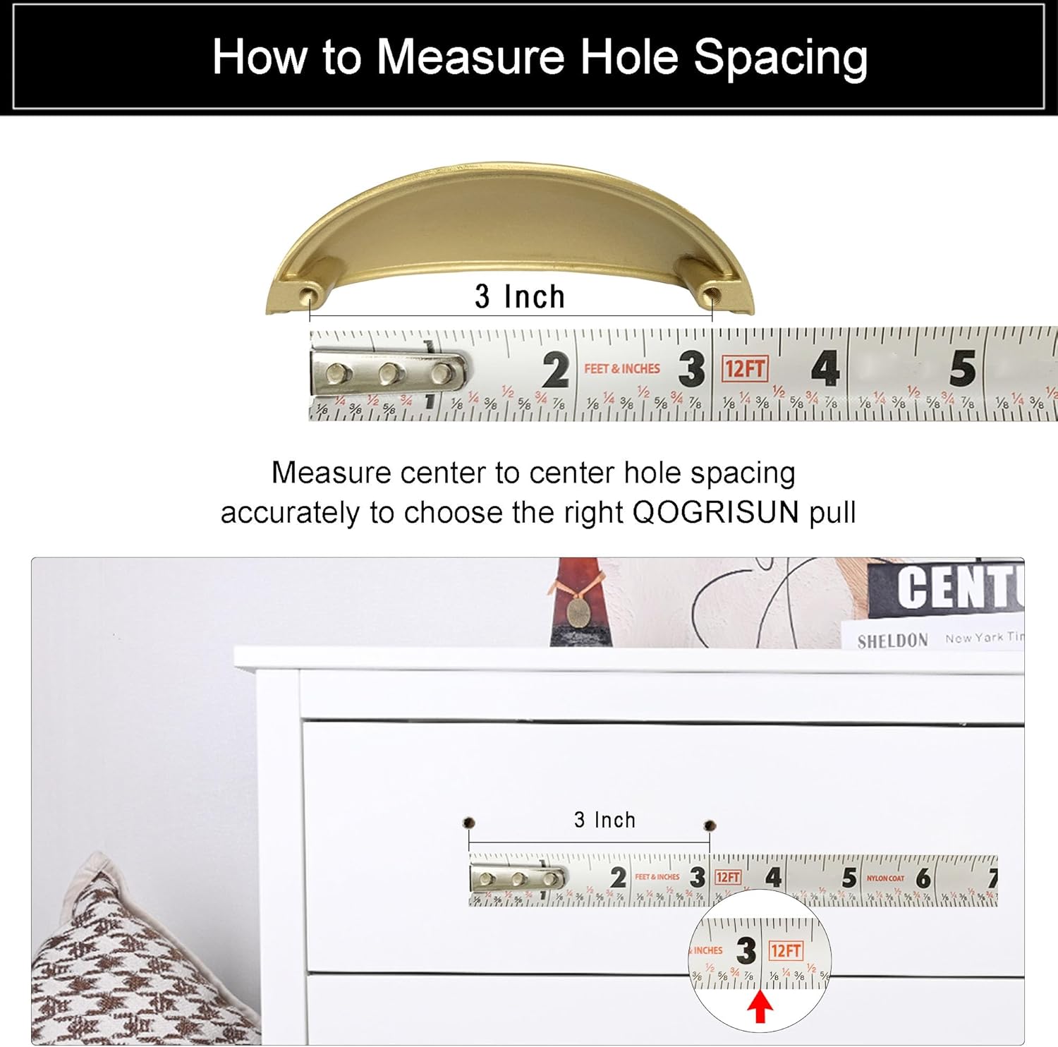 QOGRISUN 10-Pack Solid Brass Cabinet Bin Pulls,Gold Cup Drawer Dresser Handles,3-Inch Hole Center,Kitchen Cupboard Konbs Hardware, Brushed Brass Finish