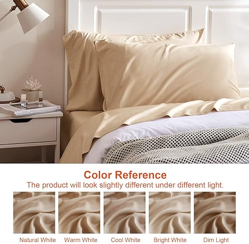 Miniatura 4 de EHEYCIGA Juego de sábanas de bambú tamaño Queen sábanas de bolsillo profundo tamaño Queen sábanas refrescantes suaves transpirables sábanas beige