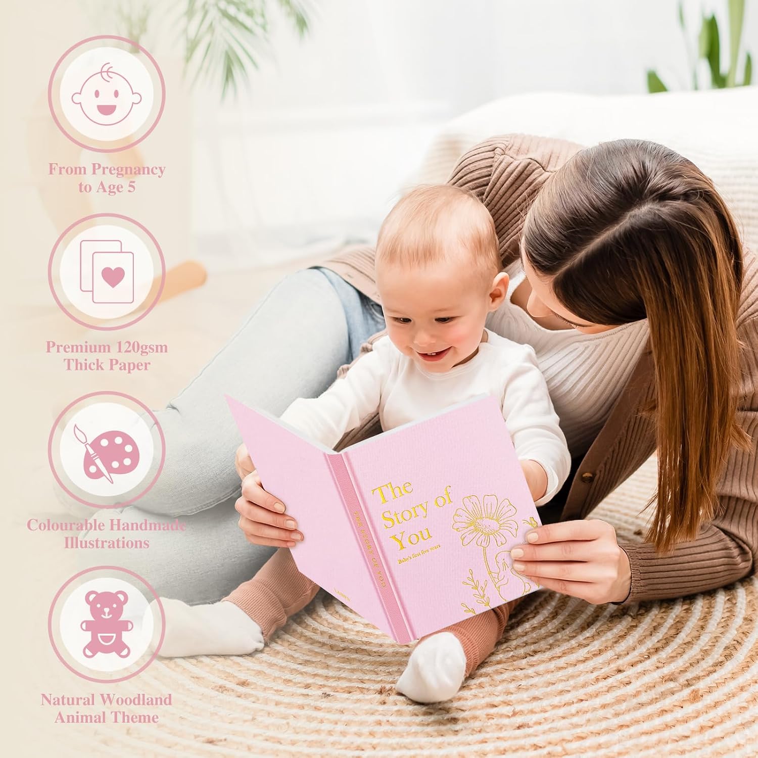 Lanpn Baby Memory Book for Boy Girl - The Story of You, Newborn Babys Book Keepsake Photo Album for New Parents, Linen Cover Baby First 5 Year Milestone Journal Scrapbook (Pink, 154 Pages)