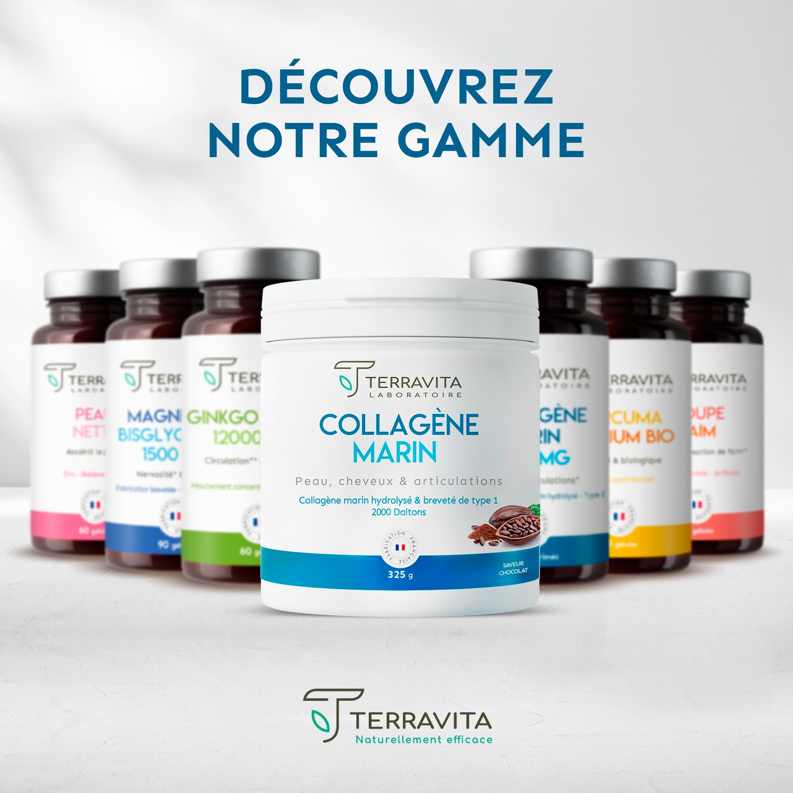 COLLAGÈNE MARIN Breveté en Poudre | 325 Grammes de Peptides de Collagène Purs de Type 1 | Articulations Souples, Peau Lisse et Hydratée | Goût Chocolat | Filière 100% Française | Terravita