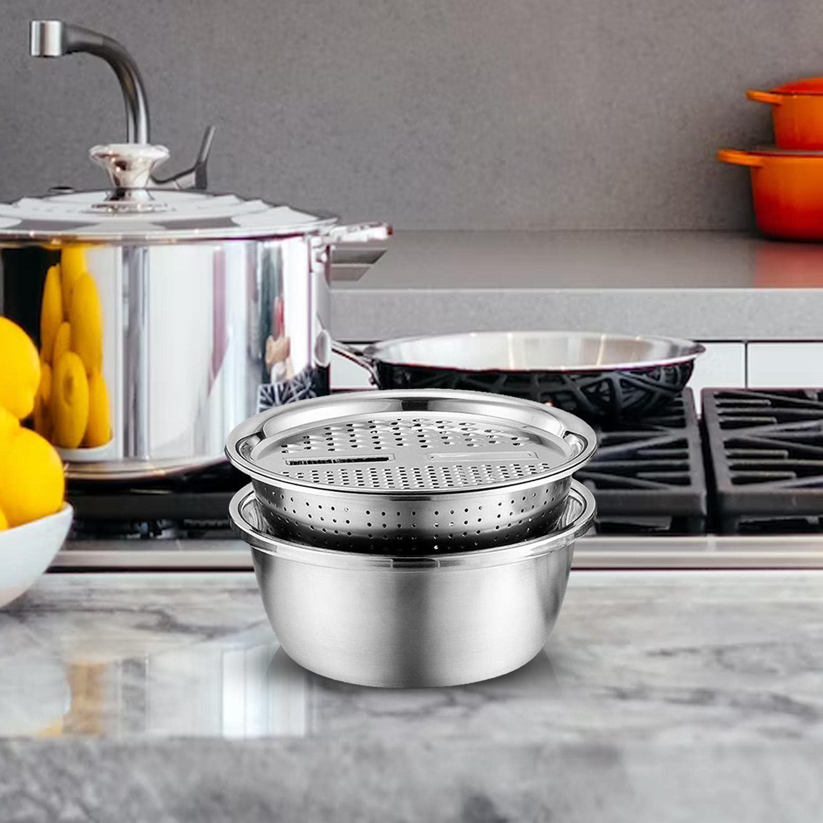 2 Set Edelstahl Küchensieb mit Gemüseschneider und Siebkorb, Salatbereiter Schüssel und Reibe, stapelbares Design
