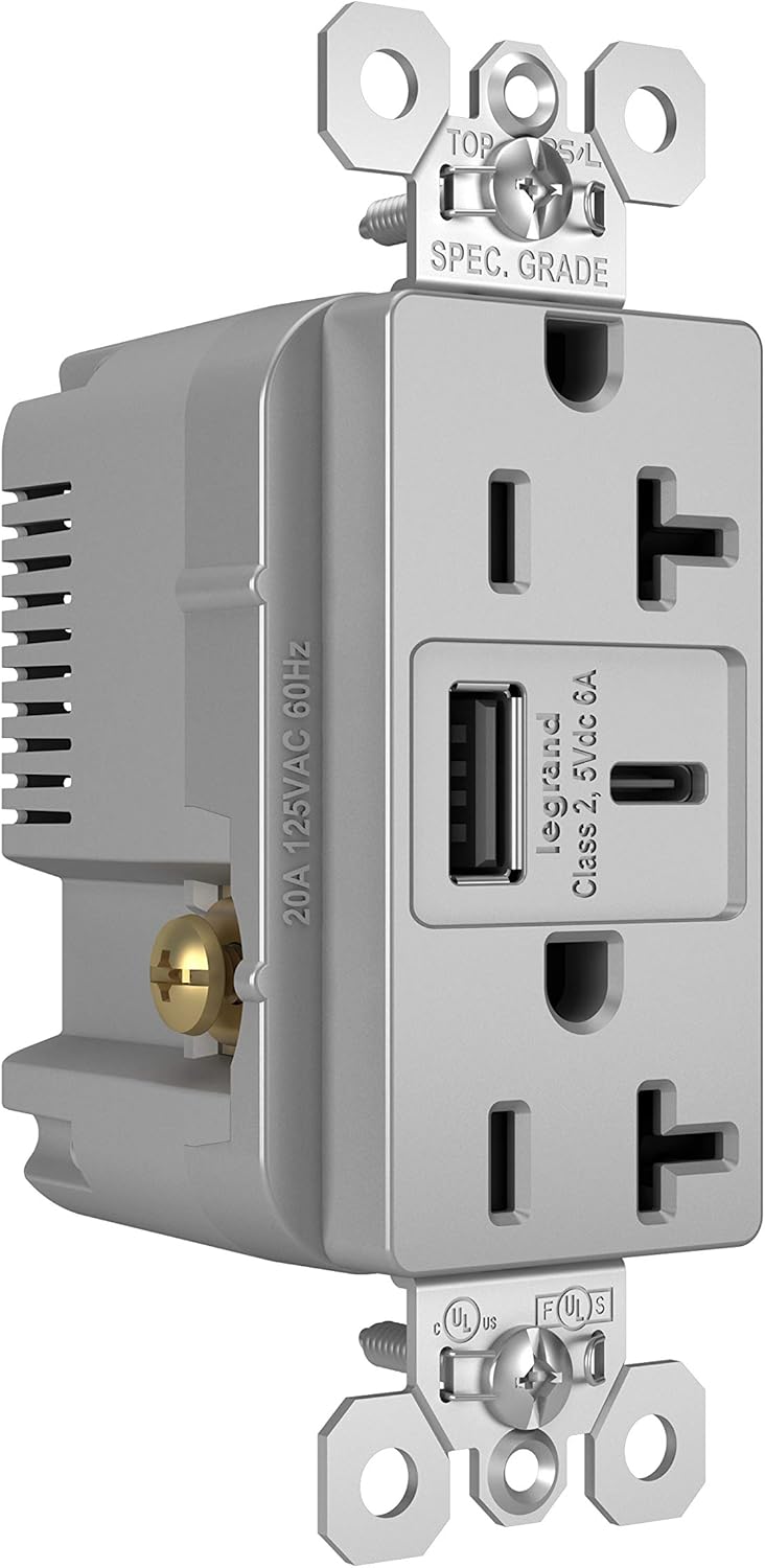 Legrand Pass & Seymour TR20USBAC6GRY 20 Amp Tamper-Resistant Heavy-Duty Specification Grade Decorator Duplex Receptacle Outlet with Ultra Fast USB A/C 6.0A Charging Ports, Gray (1 Count)