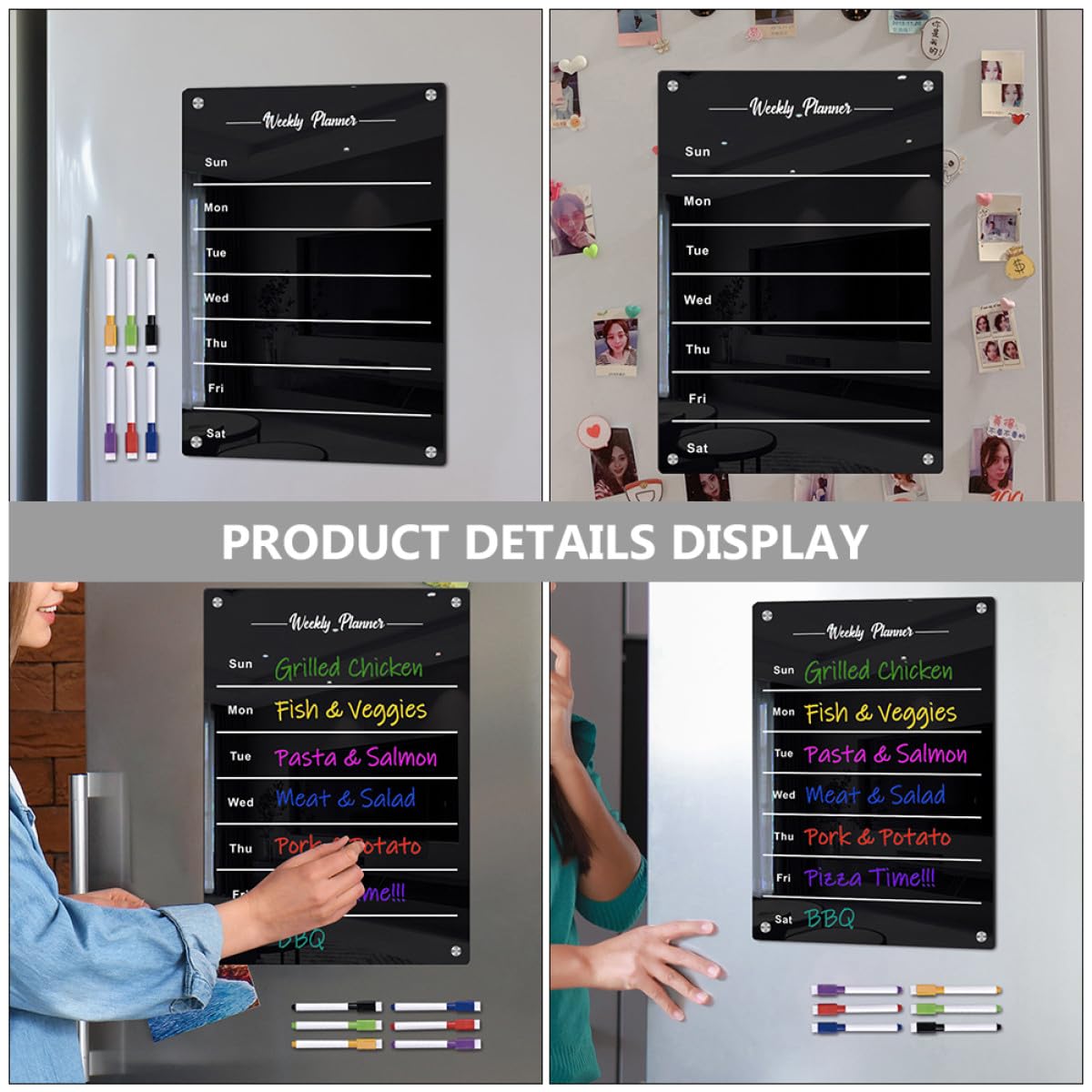 BETOOKY Magnetisches Acryl Küchenplaner Whiteboard in Schwarz Abwischbares Terminplan Nachrichtenbrett für Kühlschrank für Küche und Büro Glatte Schreibfläche