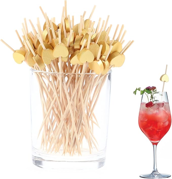 100 Pcs Disposable Bamboo Sticks, 4.7 Inch Gold HeartShaped Cocktail