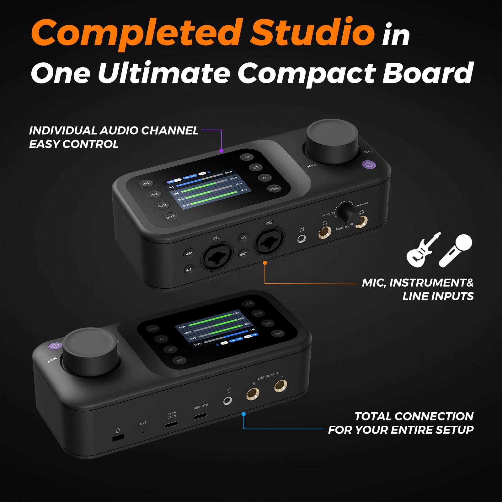 AMIX40U Audio Interface con preamplificatore pro/10 canali/Dual XLR o 6,35 mm Audio Port/48 V Phantom Power/Bluetooth/LCD, mixer audio per chitarristi/produttori su PC/Mac