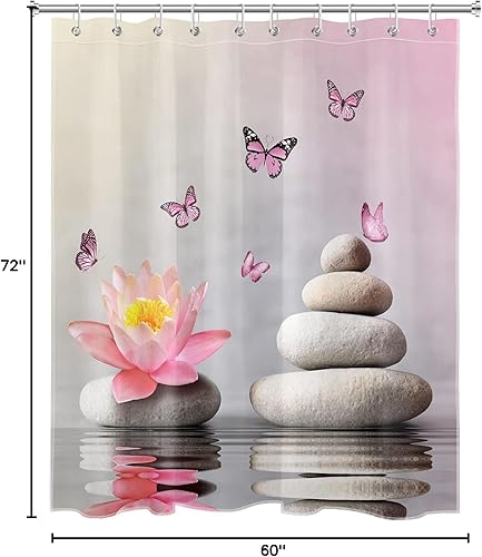 Miniatura 10 de Cortina de ducha de lirio de agua y piedra zen, mariposa rosa y floral en el agua, cortina de ducha para baño, spa, cortina de baño de tela de