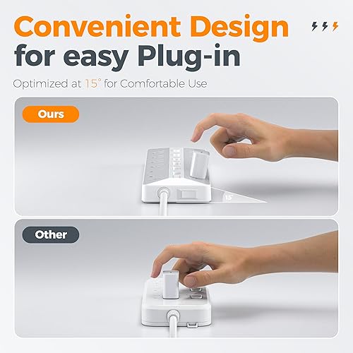 Miniatura 6 de TESSAN Regleta protectora de sobretensiones, 6 interruptores individuales y 12 tomas, cable de extensión de 6 pies con múltiples tomas, regleta de