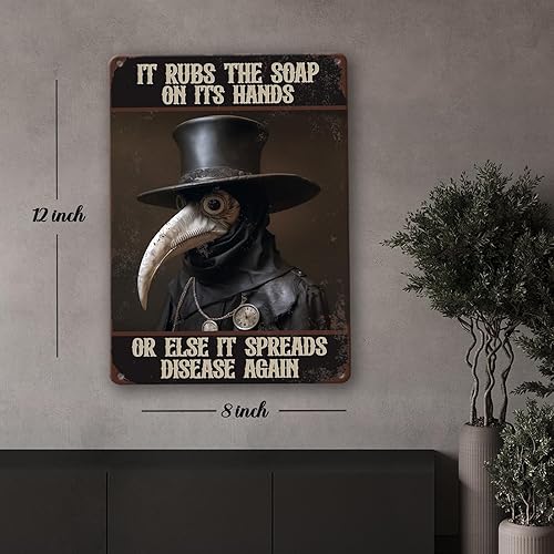Miniatura 2 de Letrero de lata para pared, diseño gótico retro de la peste doctor, lava tus manos, decoración gótica de baño de Halloween, póster de metal de 8 x