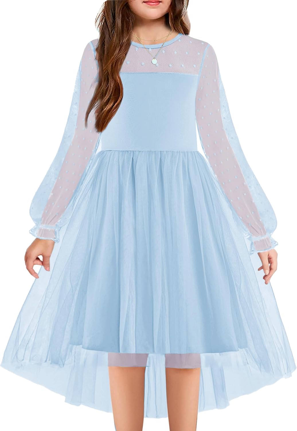 Arshiner Long Sleeve Girls Dress Fall Fancy Spring Easter Twirly Tulle Tween Dresses Light Blue Size 14-16