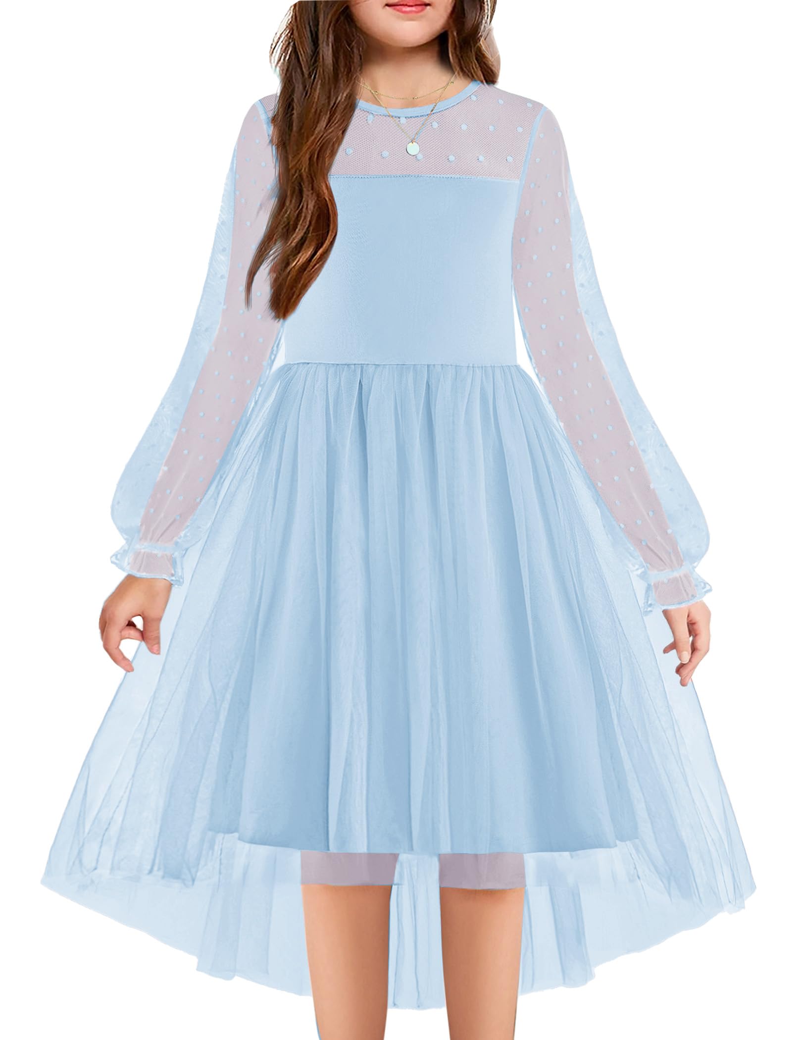 Arshiner Girls Dresses Contrast Mesh Long Sleeve Twirly High Low Birthday Party Formal Dress