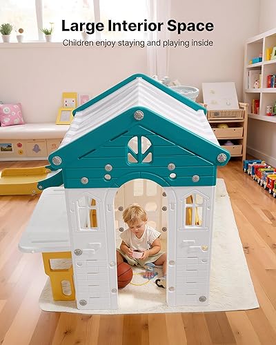 Miniatura 7 de VEVOR Casa de juegos al aire libre, versátil parque infantil con tobogán, baloncesto, telescopio, volante, túnel de gateo, ventana de ventas, juego