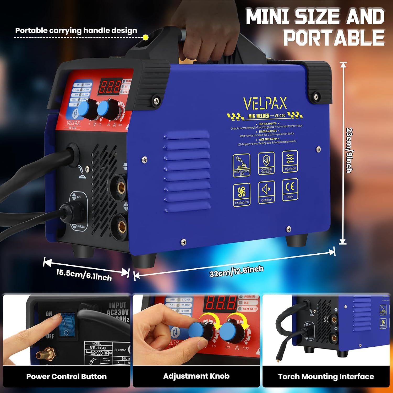 VELPAX MIG Welder showing power control button, adjustment knob, and torch mounting interface