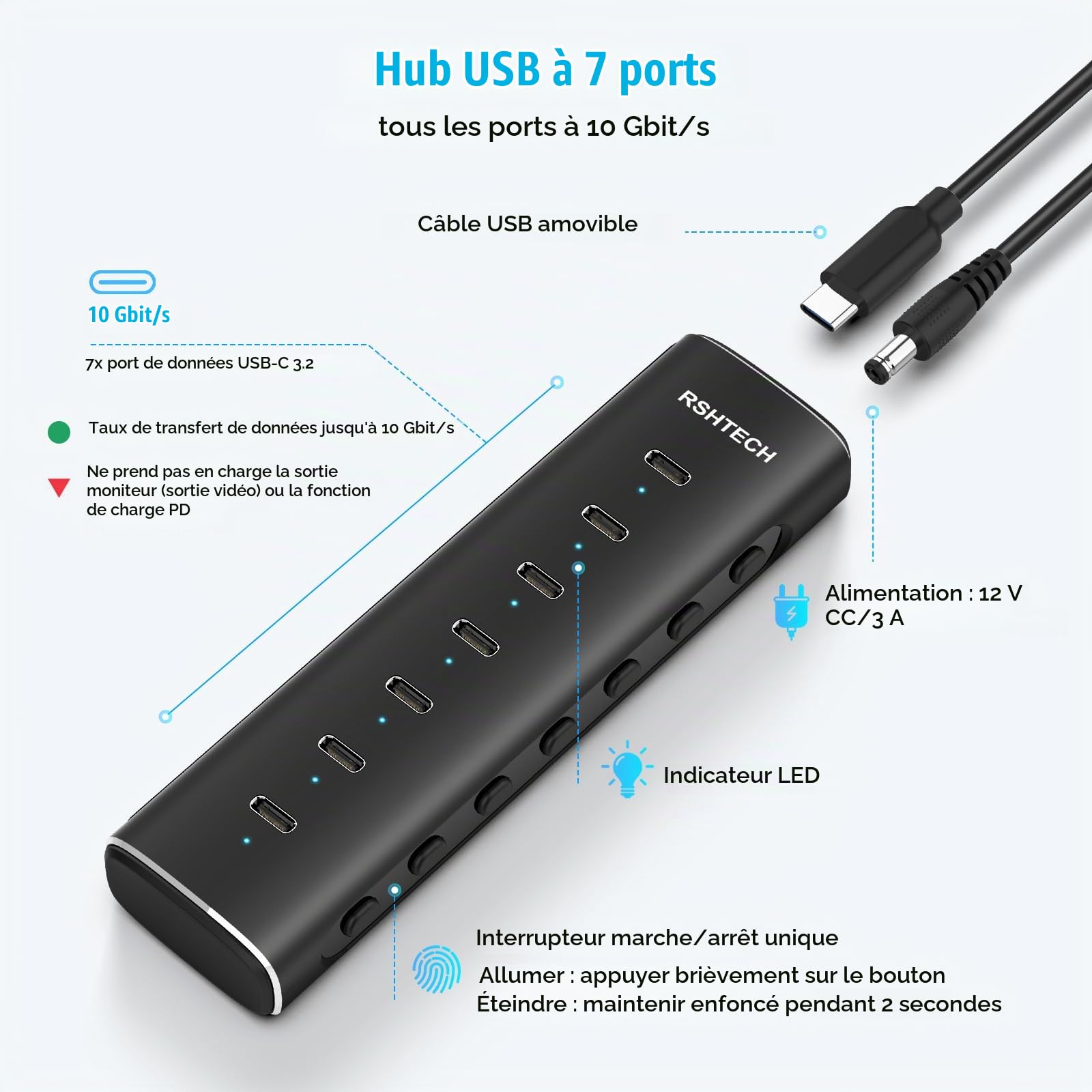 RSHTECH Hub USB C Alimenté 36W, 7 Port Aluminium Hub USB 3.2, RSH-H7C | avec Adaptateur Secteur 12V/3A et Câble 1M pour Ordinateurs Portables/Bureaux Dotés de Ports USB-C et Thunderbolt