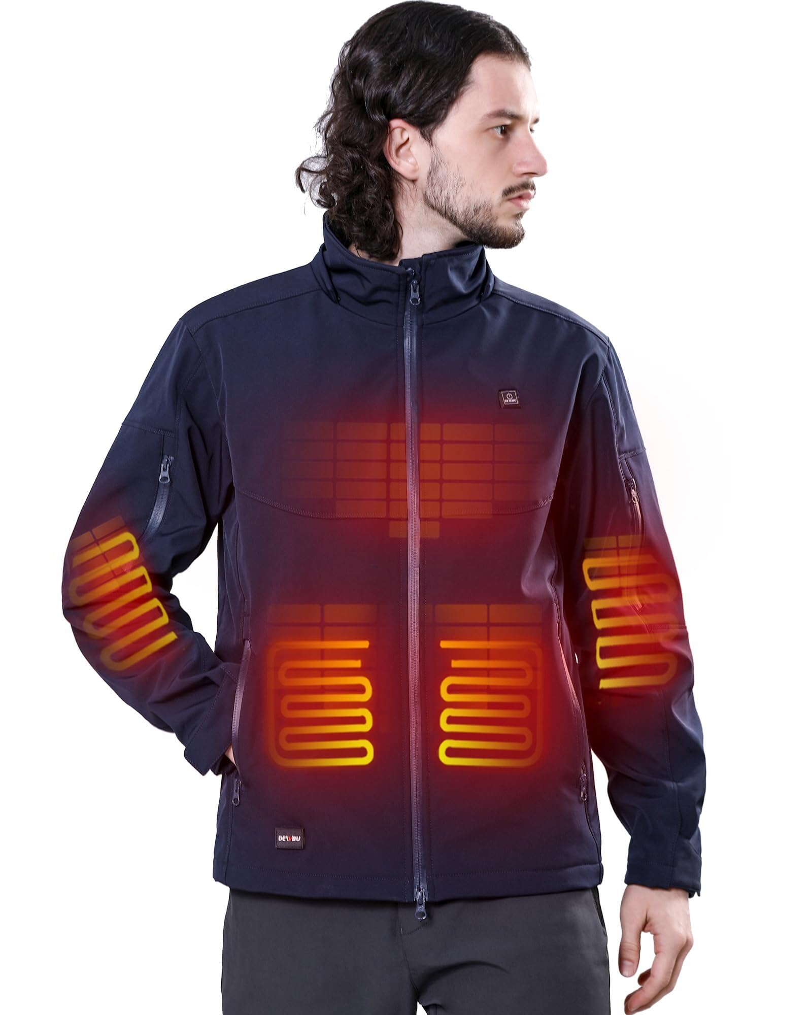 DEWBU Soft Shell Heated Jacket for Men with 12V Battery Pack and Detachable Hood Outdoor Electric Heating Coat