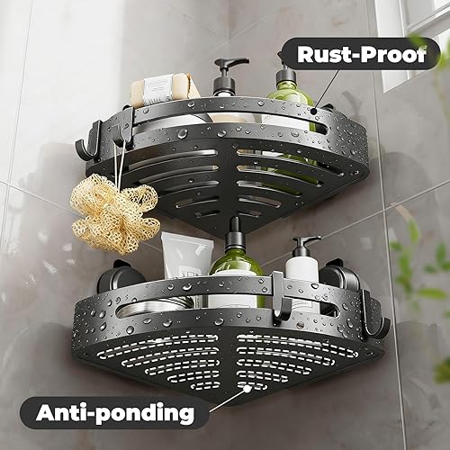 Miniatura 5 de Paquete de 2 estantes de ducha esquineros con ventosa, estantes de ducha con ganchos, sin perforaciones, potentes organizadores de baño y