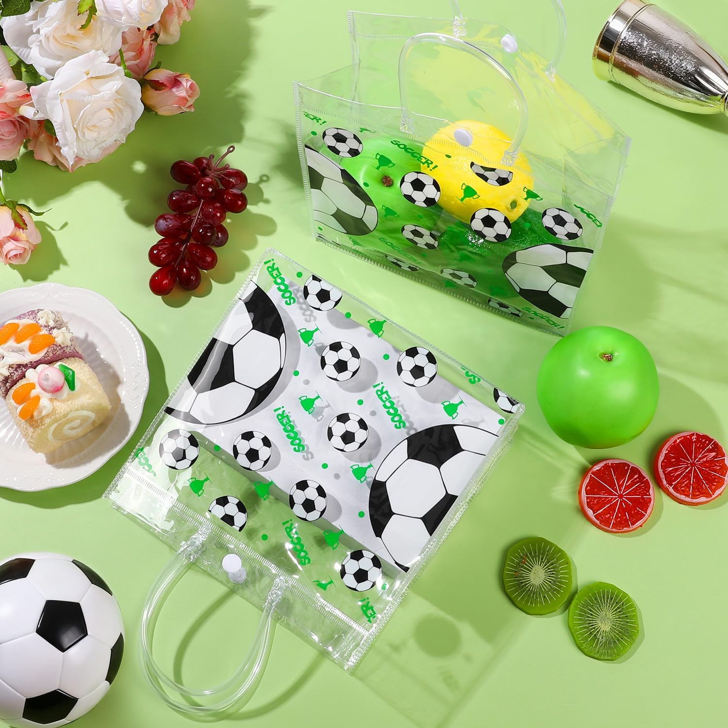 Soccer Themed PVC Tote Bags - 24 Pack Clear Plastic Gift Bags with Handles & Snap Button, 8"x3.2"x8" Soccer Party Favor Bags for Sports Events, Birthday Parties, Team Gifts - Image 8