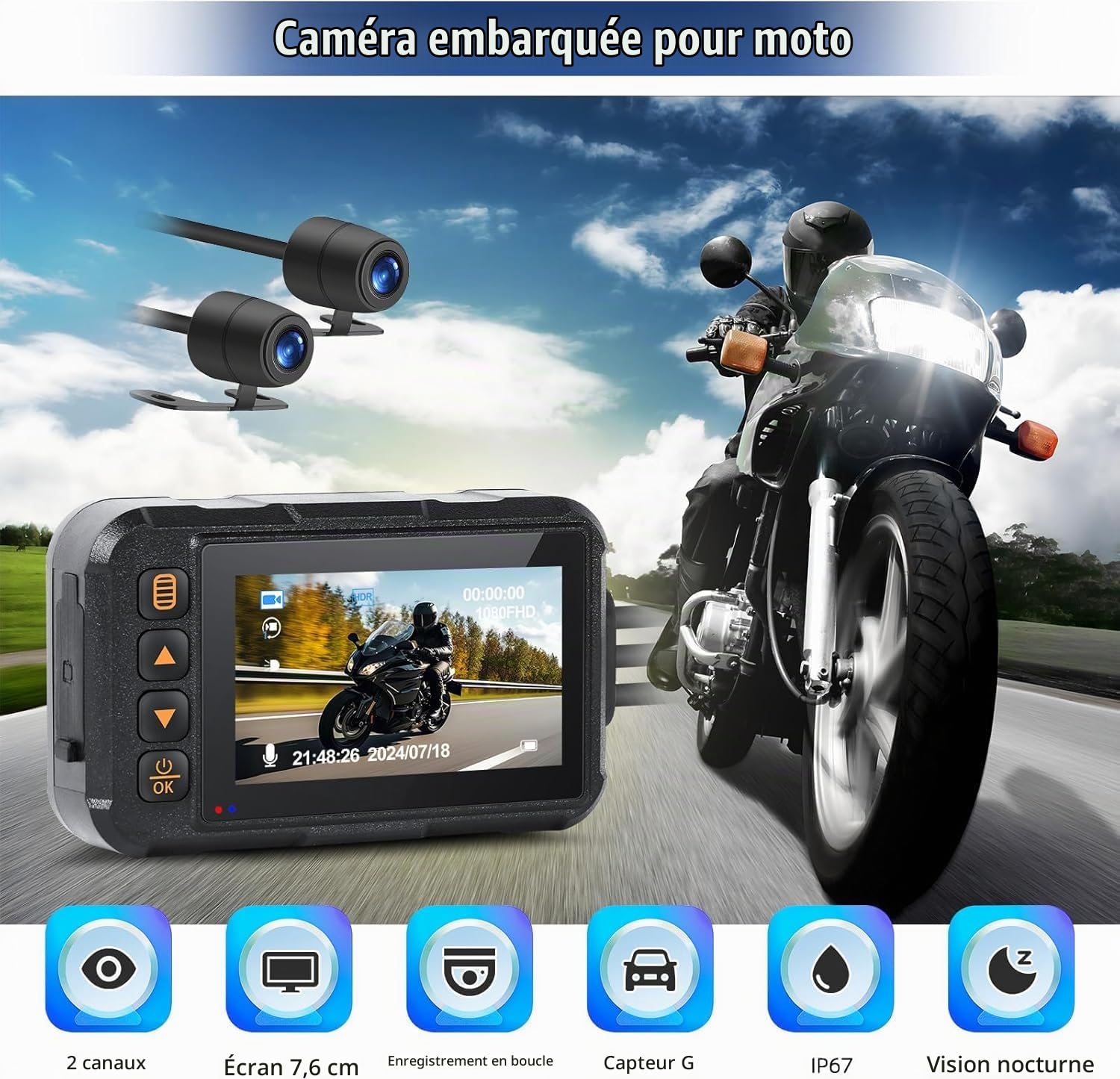 CAMECHO Moto Dashcam 3 Pouces, IP67 Étanche Double Caméra Grand Angle 120 Degrés 90 Degrés Caméra pour Moto avec HDR, Capteur G, Enregistrement en Boucle