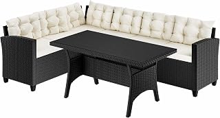 CASARIA® Polyrattan Ecklounge Set WPC Esstisch Ecksofa inkl. 7cm Sitzauflagen 15cm Kissen Wetterfest Outdoor Lounge Garten Terrasse Balkon Möbel Schwarz